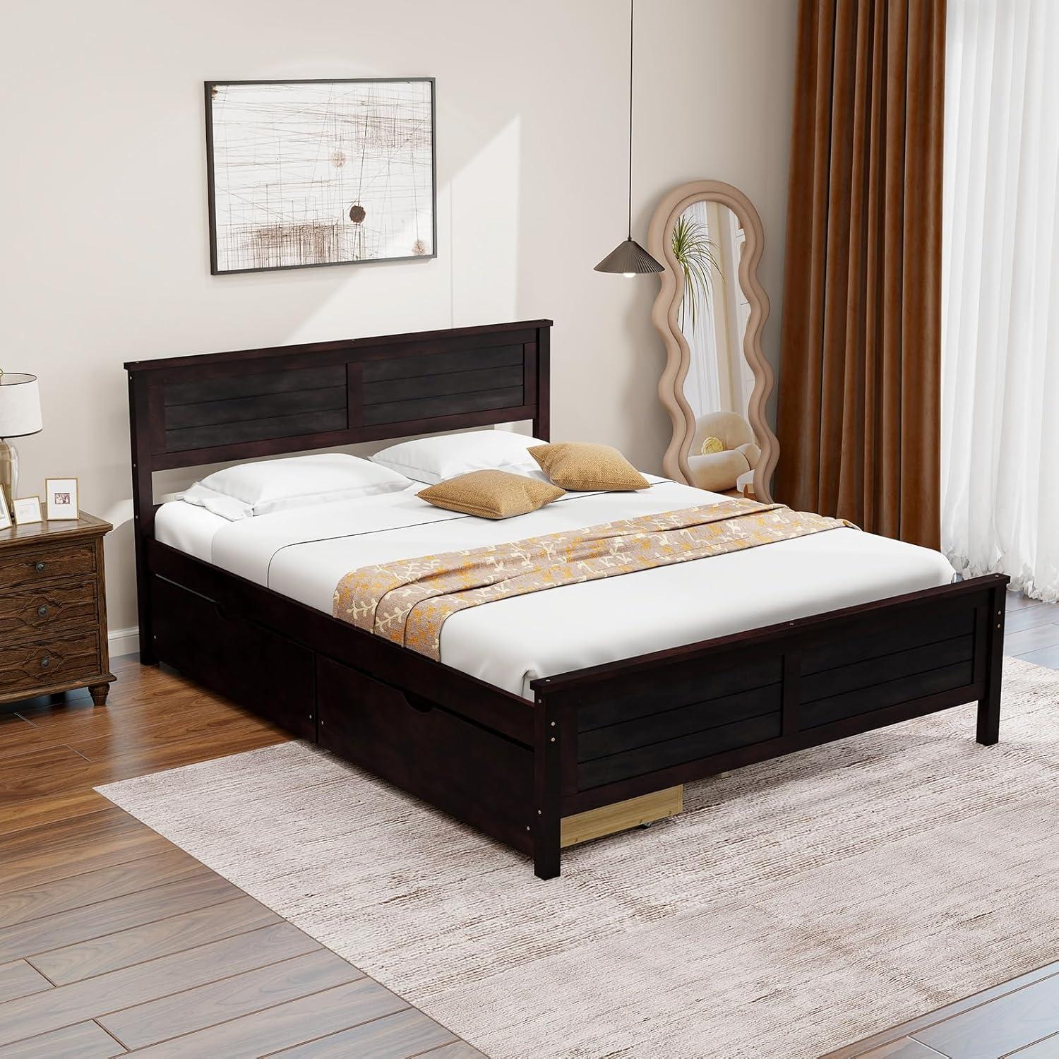 image:imageGiantex Wood Full Size Bed Frame with 2 Storage Drawers Solid Wood Platform Bed with Headboard Wooden Slats Mattress Foundation No Spring Needed Full Bed Frame for Kids Teens Adults GreyEspresso