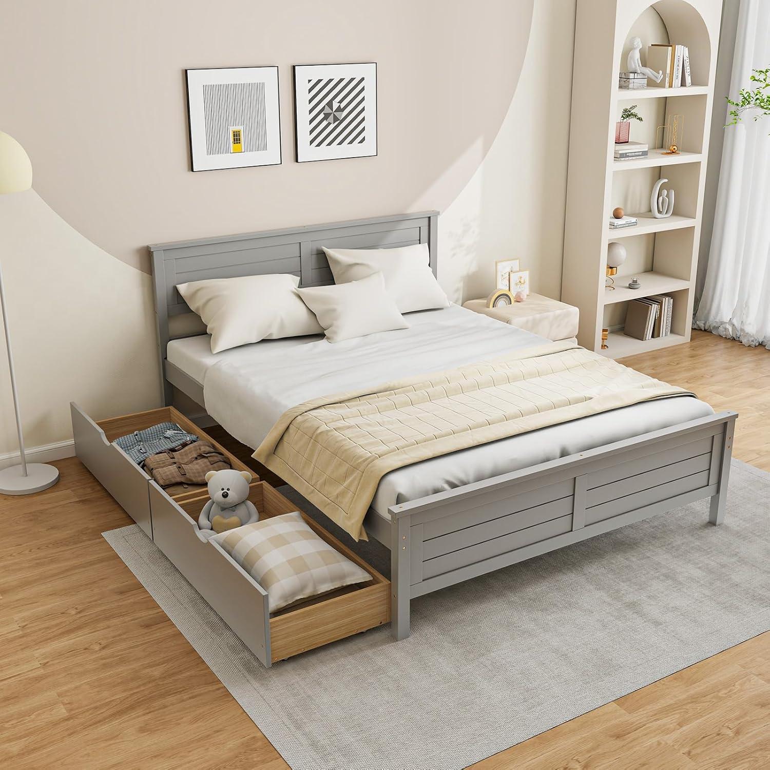 image:imageGiantex Wood Full Size Bed Frame with 2 Storage Drawers Solid Wood Platform Bed with Headboard Wooden Slats Mattress Foundation No Spring Needed Full Bed Frame for Kids Teens Adults GreyGrey