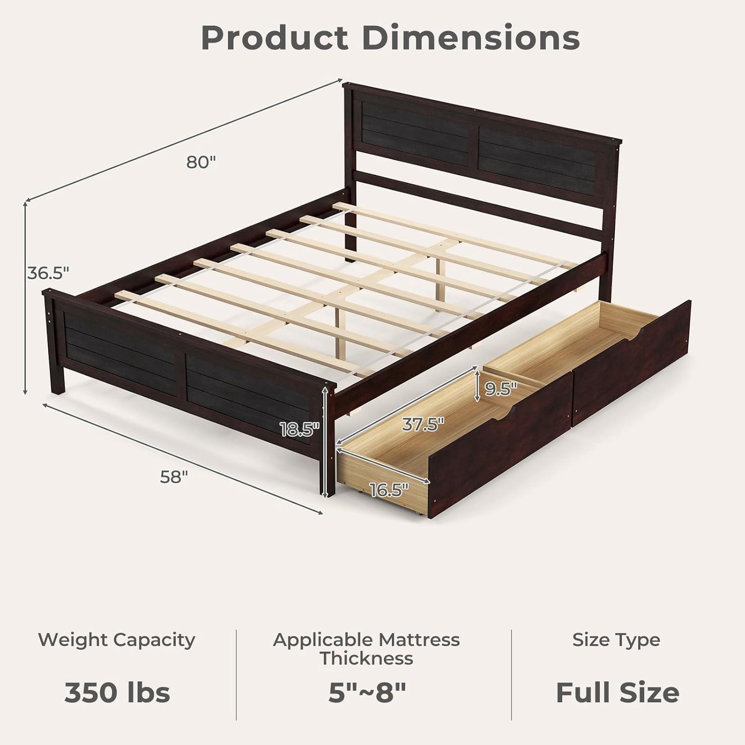 image:imageGiantex Wood Full Size Bed Frame with 2 Storage Drawers Solid Wood Platform Bed with Headboard Wooden Slats Mattress Foundation No Spring Needed Full Bed Frame for Kids Teens Adults GreyEspresso