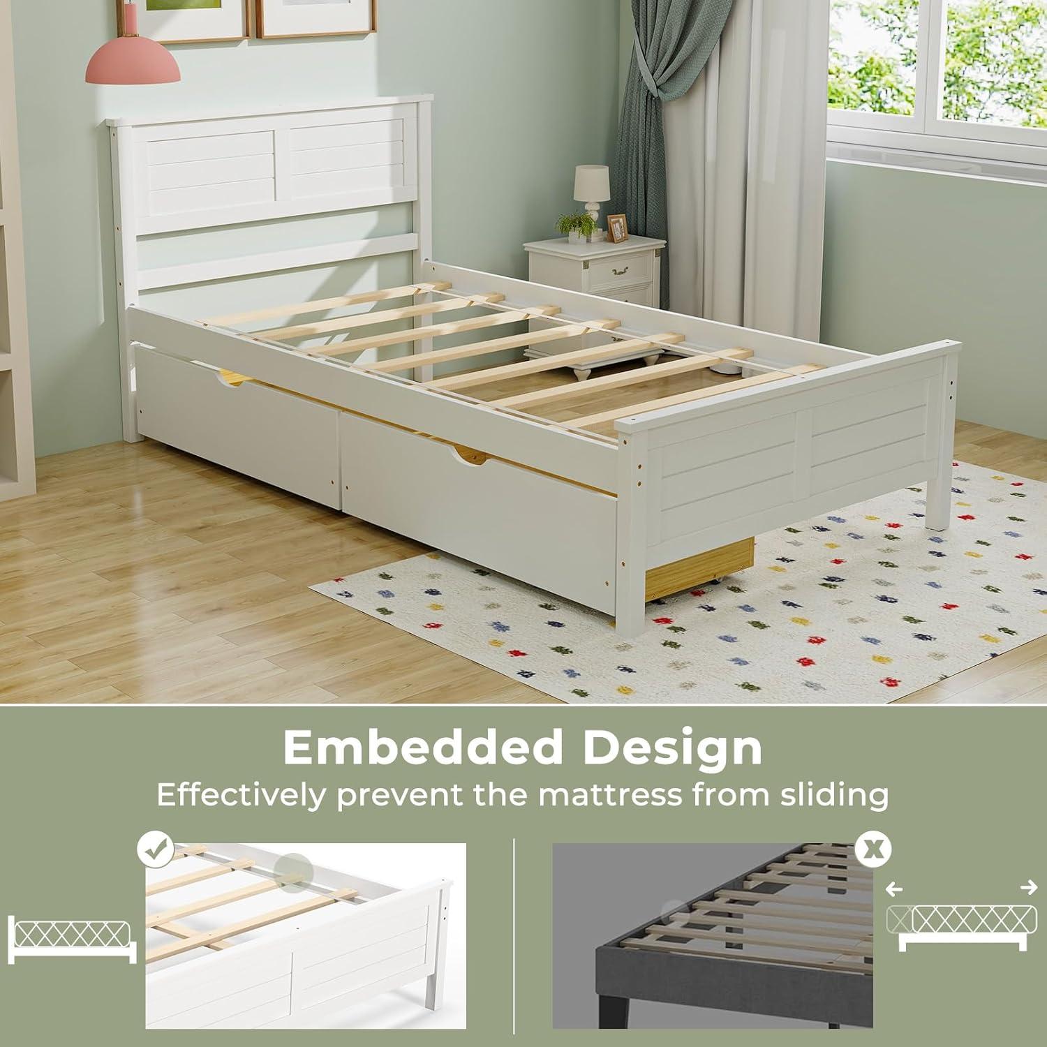 image:imageGiantex Wood Full Size Bed Frame with 2 Storage Drawers Solid Wood Platform Bed with Headboard Wooden Slats Mattress Foundation No Spring Needed Full Bed Frame for Kids Teens Adults GreyWhite