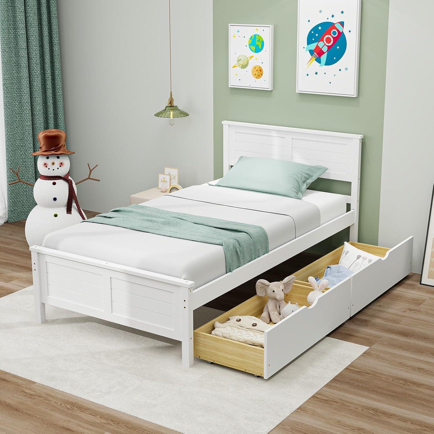 image:imageGiantex Wood Full Size Bed Frame with 2 Storage Drawers Solid Wood Platform Bed with Headboard Wooden Slats Mattress Foundation No Spring Needed Full Bed Frame for Kids Teens Adults GreyWhite