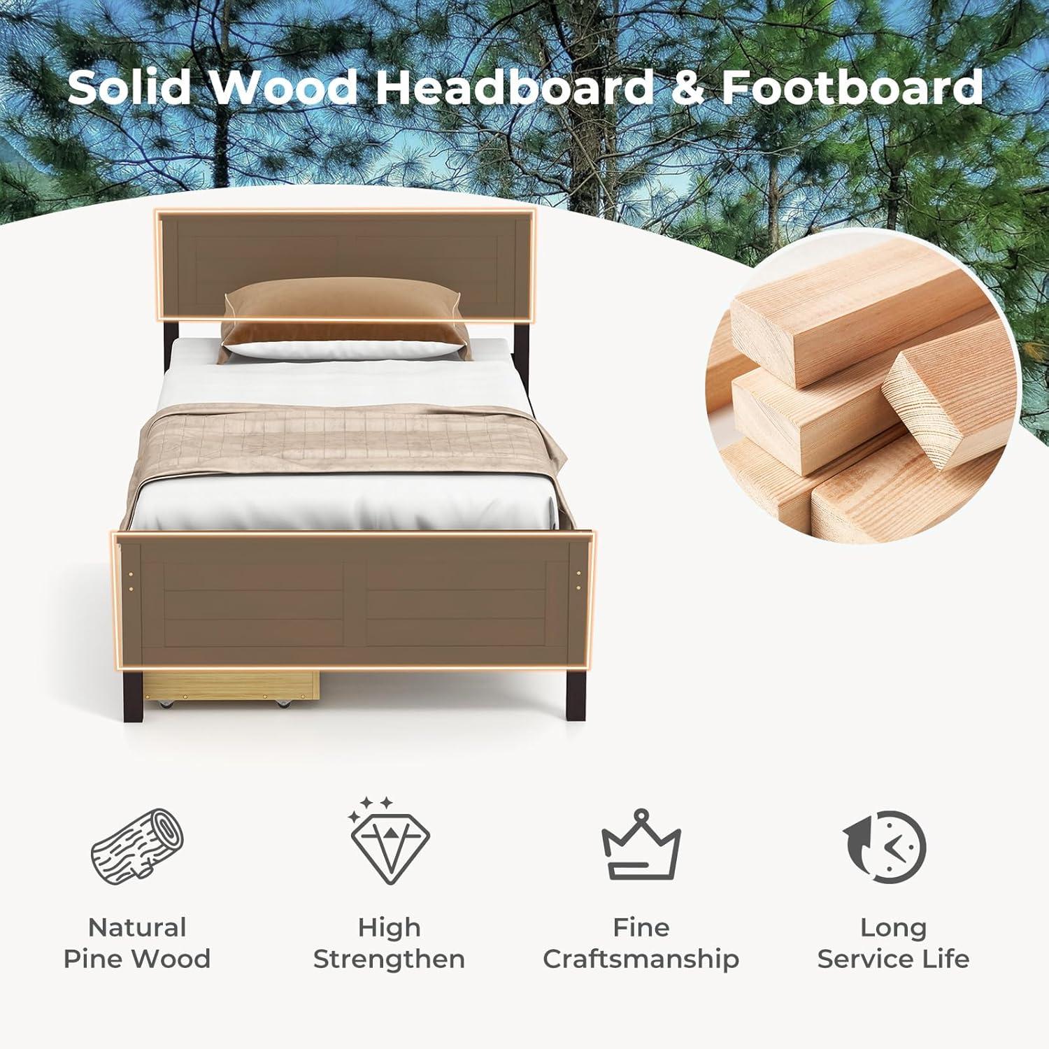 image:imageGiantex Wood Full Size Bed Frame with 2 Storage Drawers Solid Wood Platform Bed with Headboard Wooden Slats Mattress Foundation No Spring Needed Full Bed Frame for Kids Teens Adults GreyEspresso