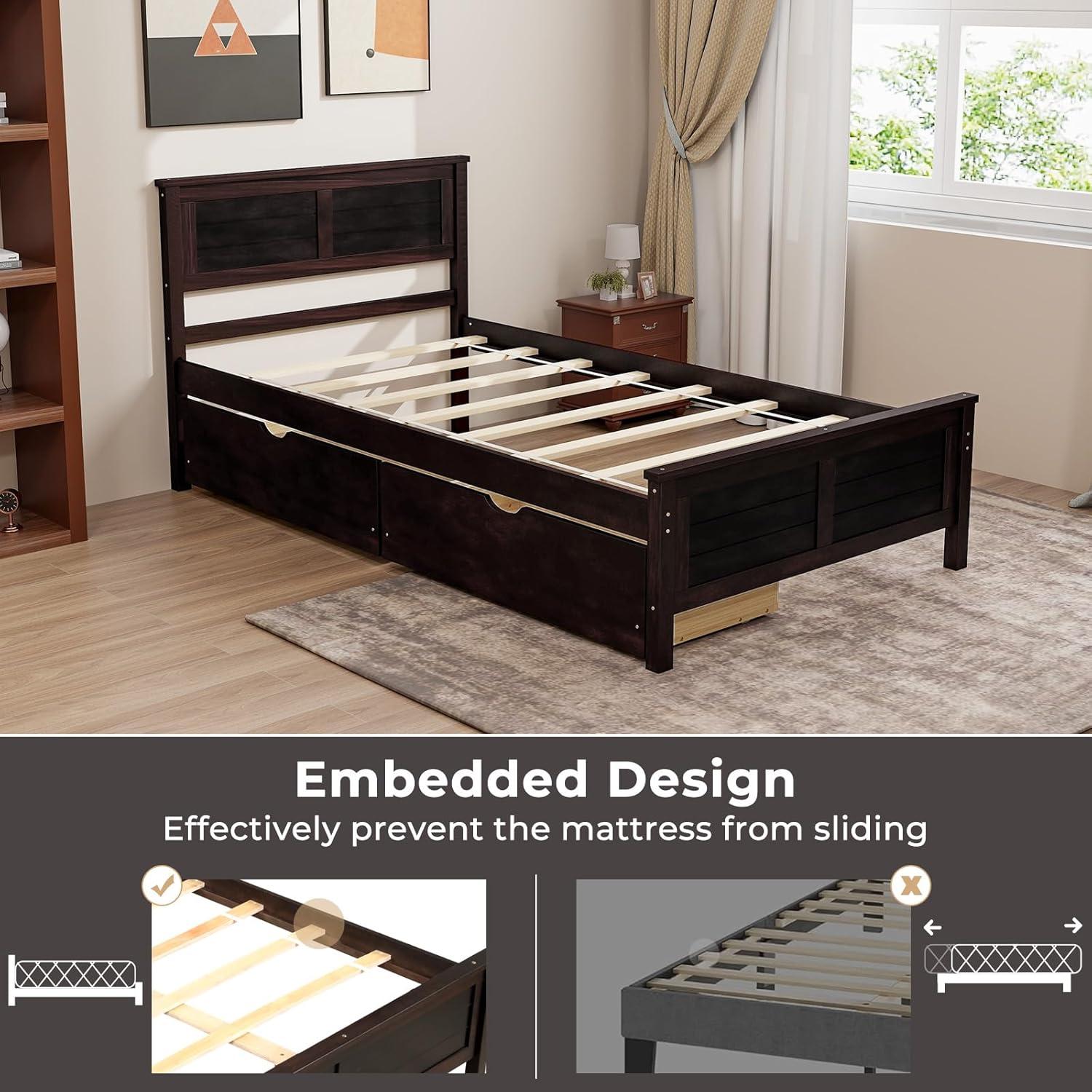 image:imageGiantex Wood Full Size Bed Frame with 2 Storage Drawers Solid Wood Platform Bed with Headboard Wooden Slats Mattress Foundation No Spring Needed Full Bed Frame for Kids Teens Adults GreyEspresso