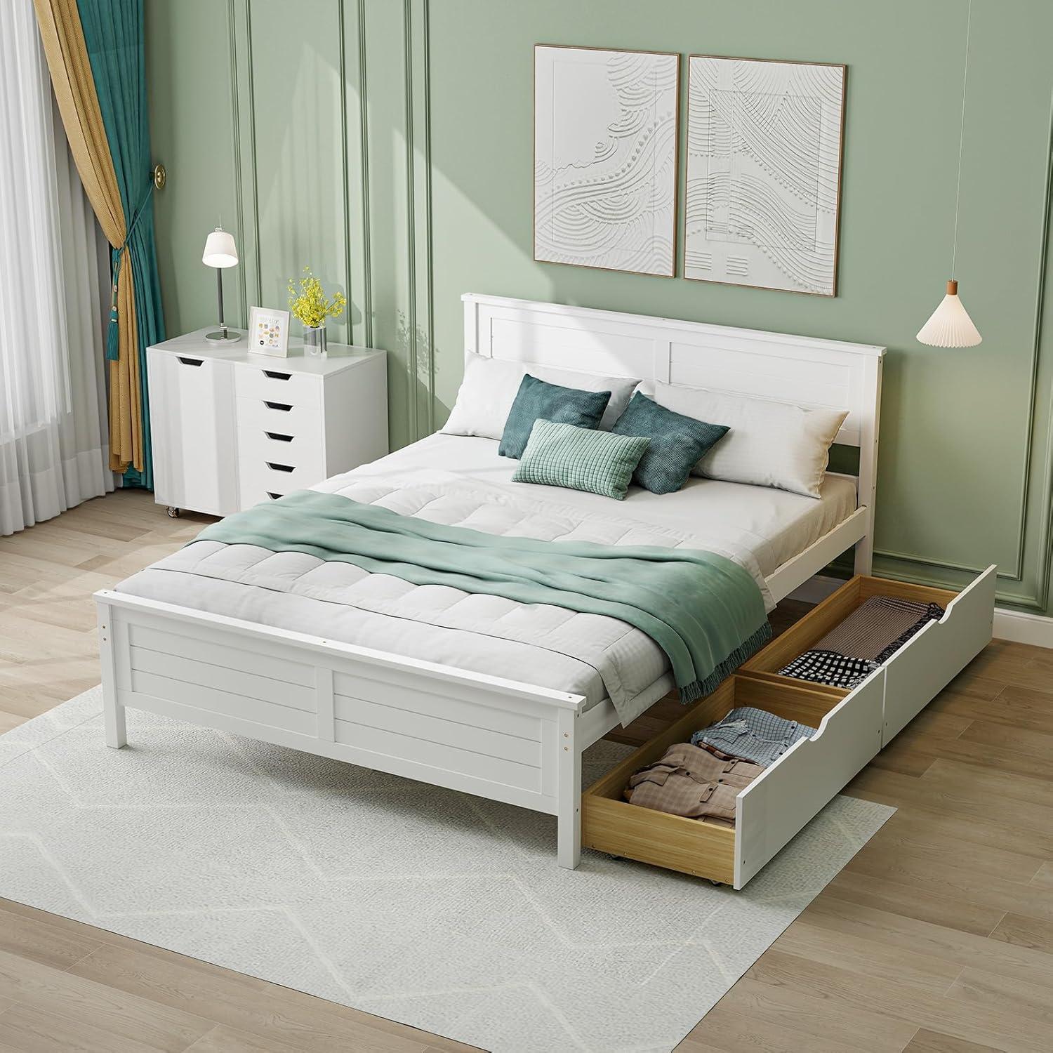 image:imageGiantex Wood Full Size Bed Frame with 2 Storage Drawers Solid Wood Platform Bed with Headboard Wooden Slats Mattress Foundation No Spring Needed Full Bed Frame for Kids Teens Adults GreyWhite