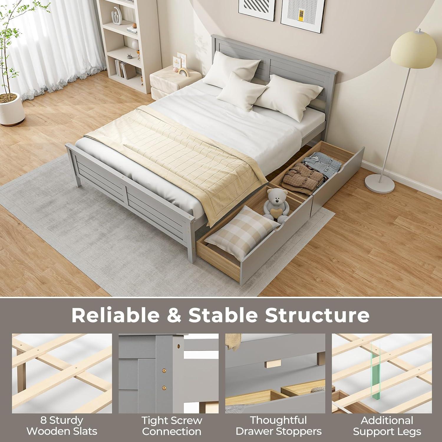 image:imageGiantex Wood Full Size Bed Frame with 2 Storage Drawers Solid Wood Platform Bed with Headboard Wooden Slats Mattress Foundation No Spring Needed Full Bed Frame for Kids Teens Adults GreyGrey