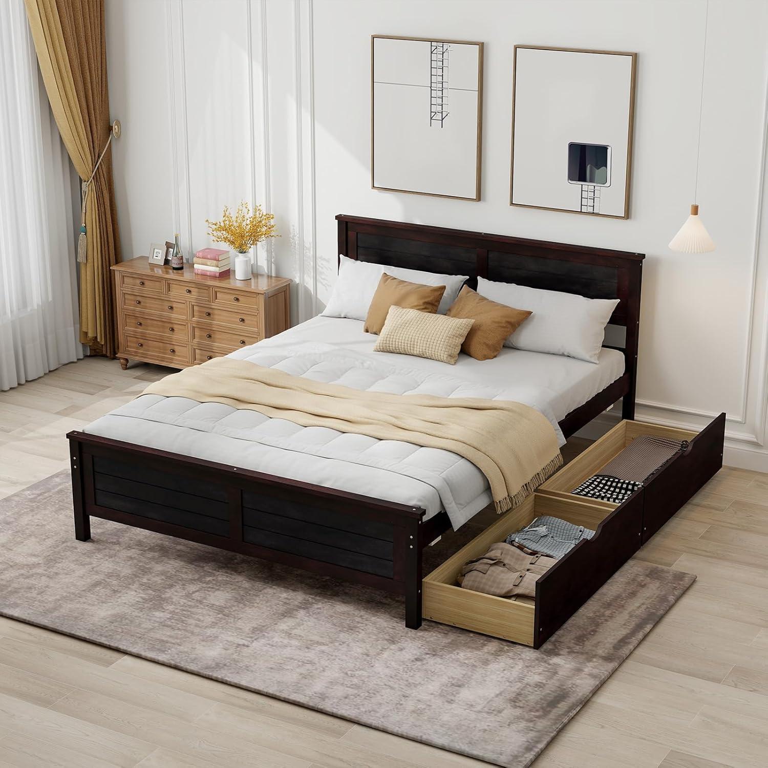image:imageGiantex Wood Full Size Bed Frame with 2 Storage Drawers Solid Wood Platform Bed with Headboard Wooden Slats Mattress Foundation No Spring Needed Full Bed Frame for Kids Teens Adults GreyEspresso