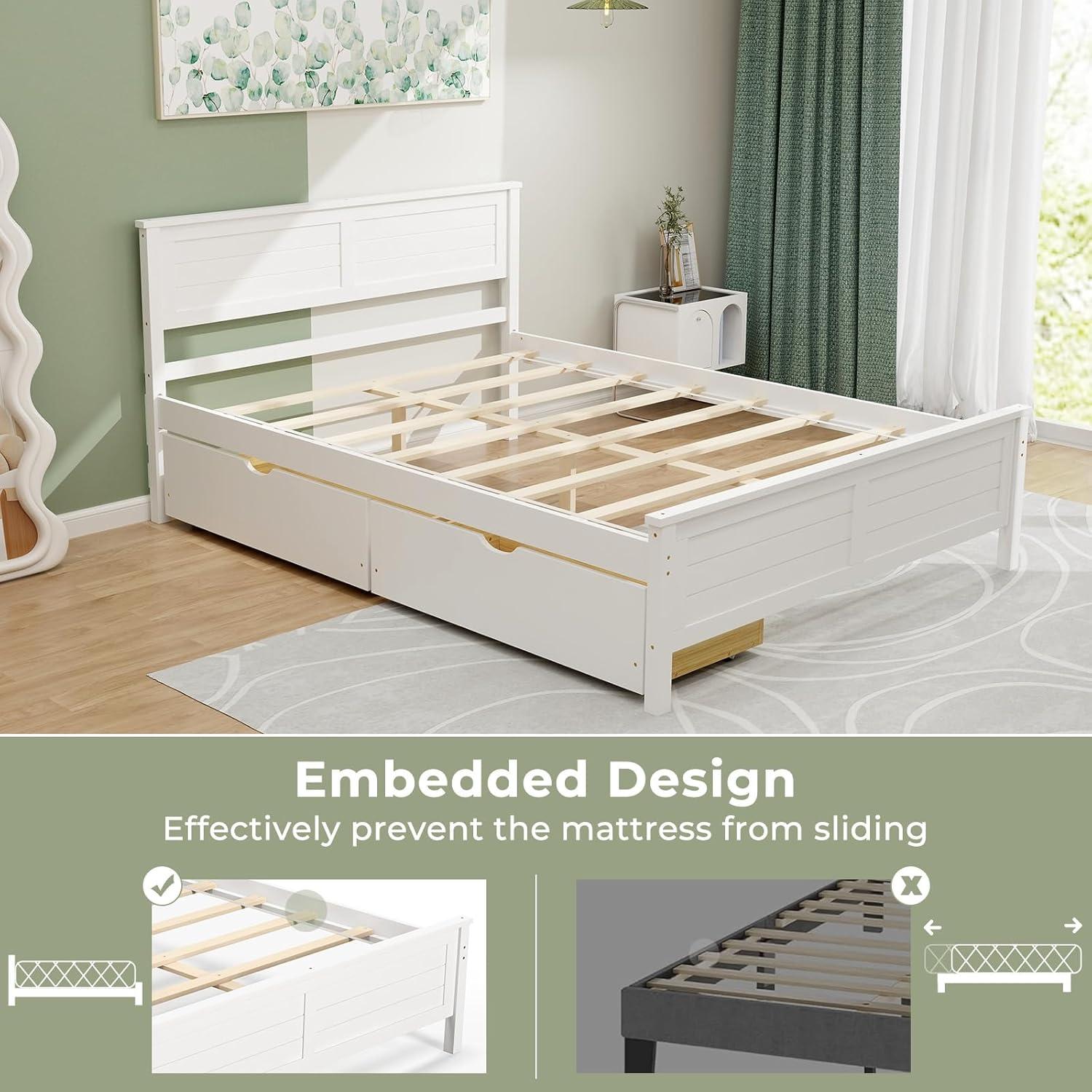 image:imageGiantex Wood Full Size Bed Frame with 2 Storage Drawers Solid Wood Platform Bed with Headboard Wooden Slats Mattress Foundation No Spring Needed Full Bed Frame for Kids Teens Adults GreyWhite