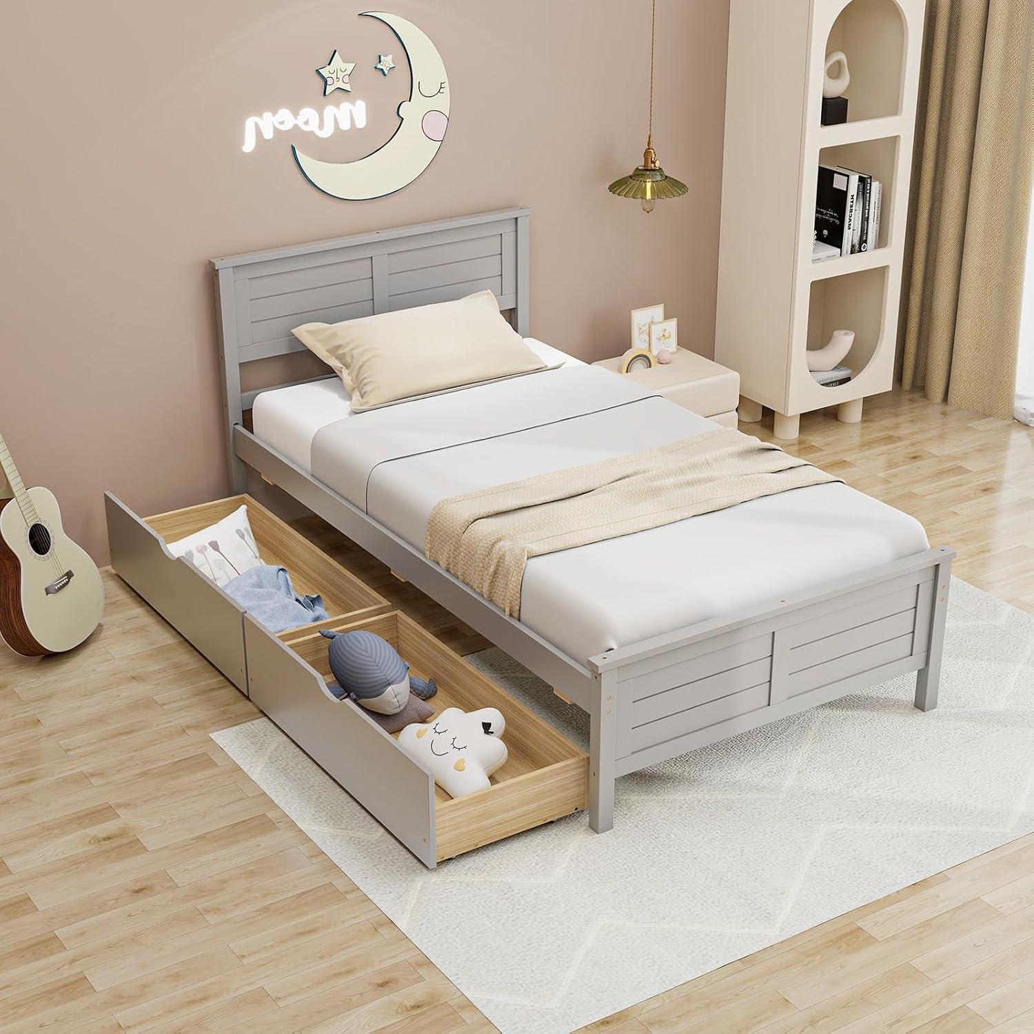 image:imageGiantex Wood Full Size Bed Frame with 2 Storage Drawers Solid Wood Platform Bed with Headboard Wooden Slats Mattress Foundation No Spring Needed Full Bed Frame for Kids Teens Adults GreyGrey