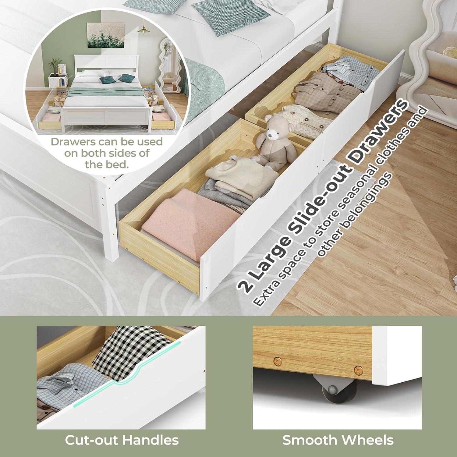 image:imageGiantex Wood Full Size Bed Frame with 2 Storage Drawers Solid Wood Platform Bed with Headboard Wooden Slats Mattress Foundation No Spring Needed Full Bed Frame for Kids Teens Adults GreyWhite