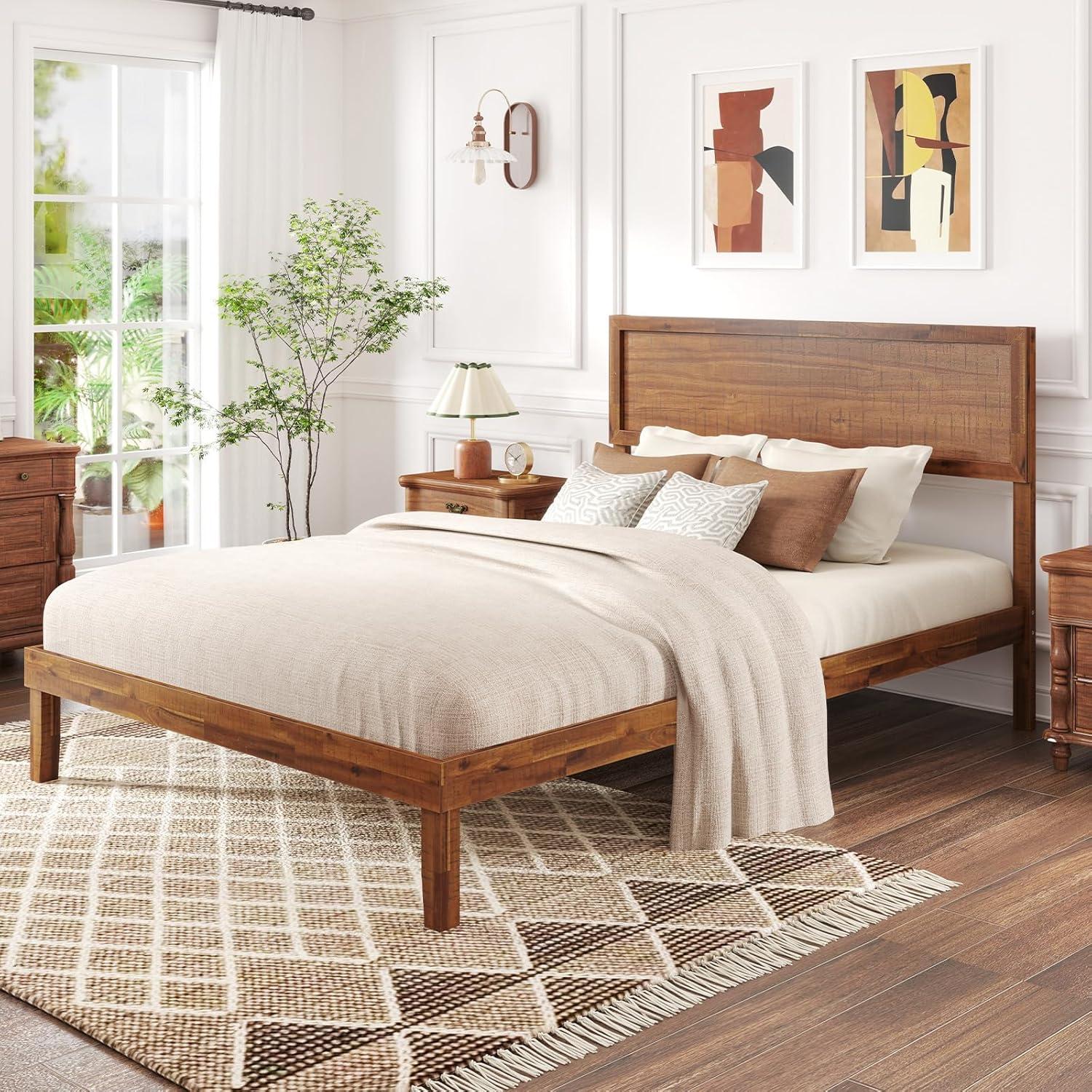 image:imageGiantex Wood Full Size Bed Frame with Headboard Mid Century Modern Platform Bed Full with Solid Wood Legs amp Wooden Slat Support Easy Assembly No Box Spring Needed WalnutWalnut