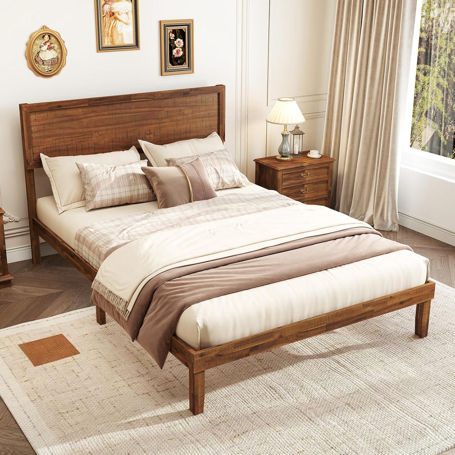image:imageGiantex Wood Full Size Bed Frame with Headboard Mid Century Modern Platform Bed Full with Solid Wood Legs amp Wooden Slat Support Easy Assembly No Box Spring Needed WalnutWalnut