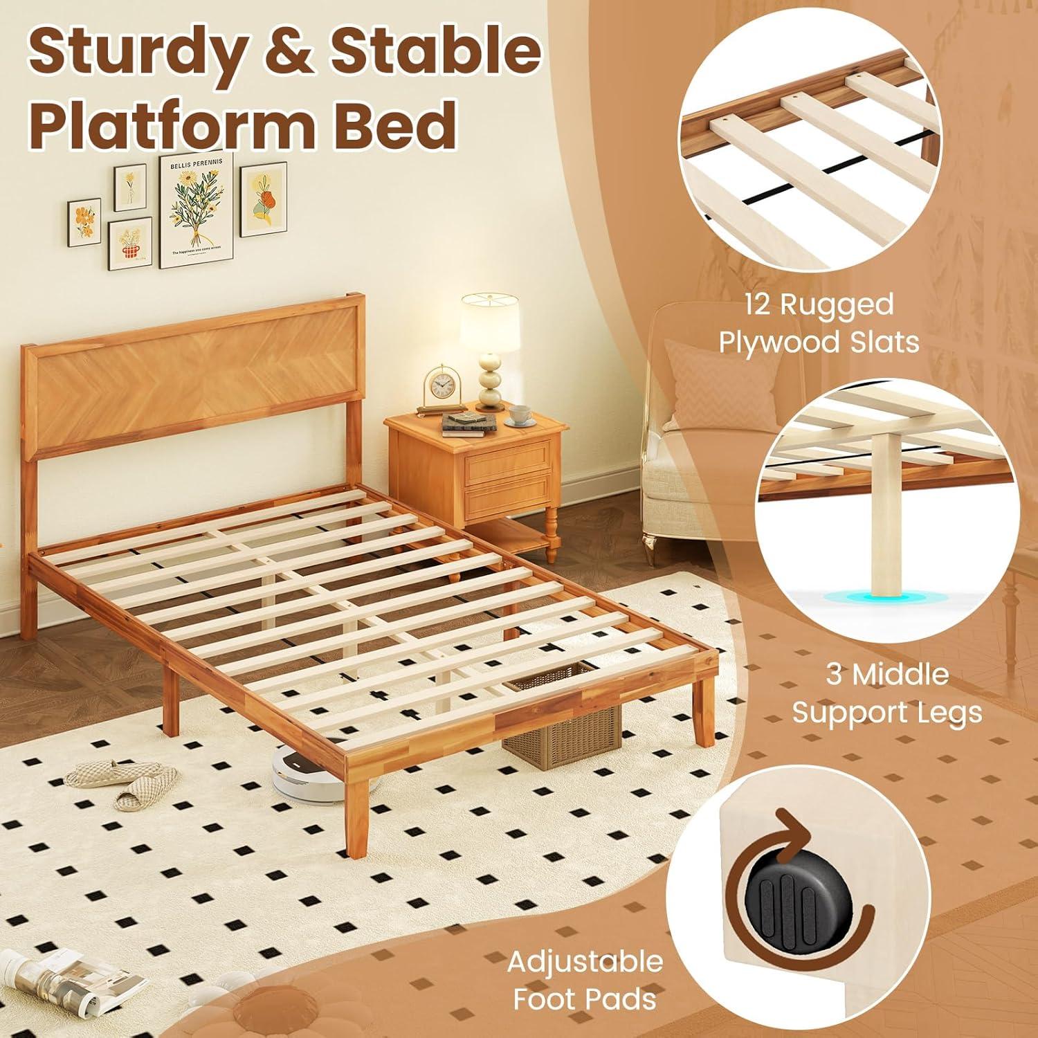 image:imageGiantex Wood Full Size Bed Frame with Headboard Mid Century Modern Platform Bed Full with Solid Wood Legs amp Wooden Slat Support Easy Assembly No Box Spring Needed WalnutRustic Brown