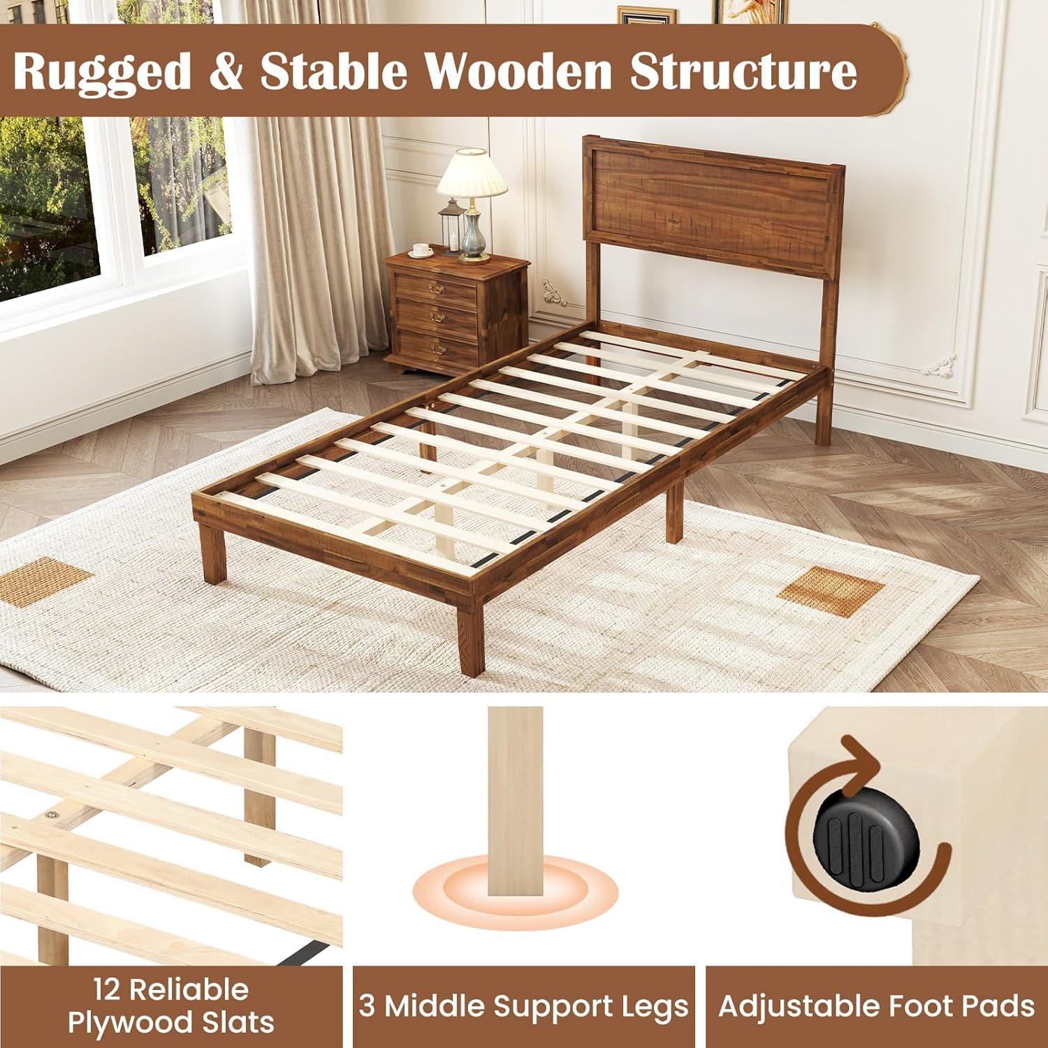 image:imageGiantex Wood Full Size Bed Frame with Headboard Mid Century Modern Platform Bed Full with Solid Wood Legs amp Wooden Slat Support Easy Assembly No Box Spring Needed WalnutWalnut