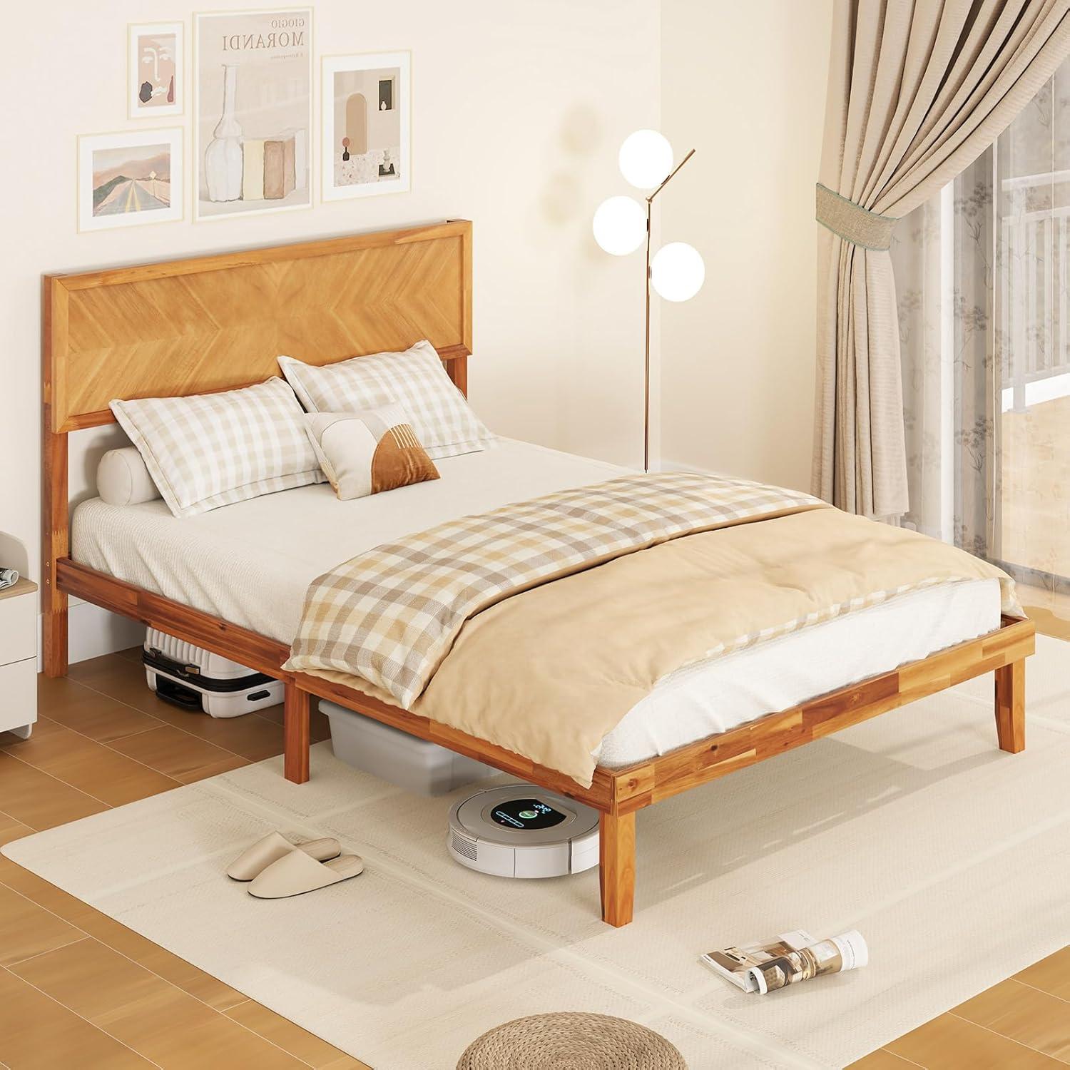 image:imageGiantex Wood Full Size Bed Frame with Headboard Mid Century Modern Platform Bed Full with Solid Wood Legs amp Wooden Slat Support Easy Assembly No Box Spring Needed WalnutRustic Brown