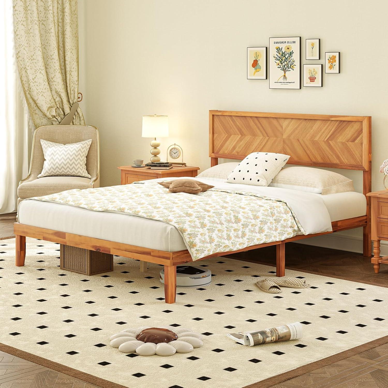 image:imageGiantex Wood Full Size Bed Frame with Headboard Mid Century Modern Platform Bed Full with Solid Wood Legs amp Wooden Slat Support Easy Assembly No Box Spring Needed WalnutRustic Brown
