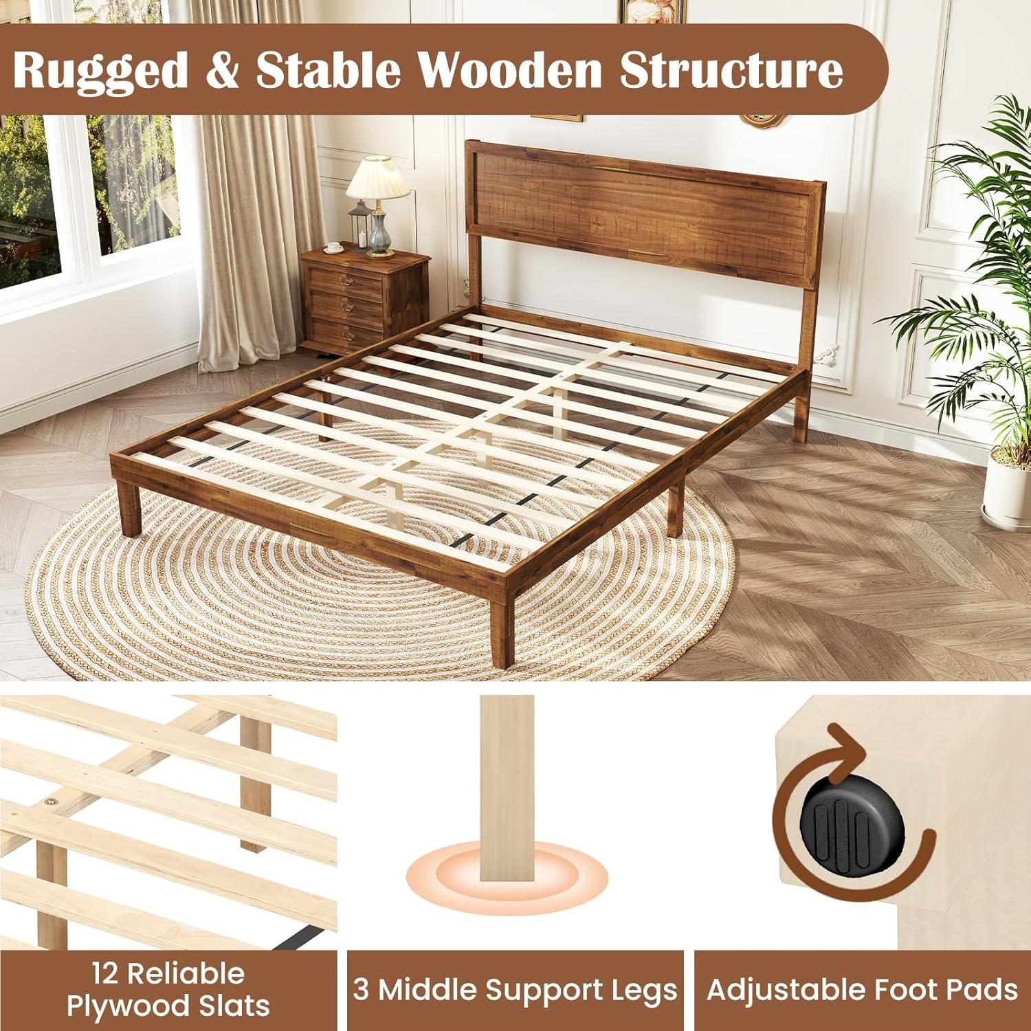 image:imageGiantex Wood Full Size Bed Frame with Headboard Mid Century Modern Platform Bed Full with Solid Wood Legs amp Wooden Slat Support Easy Assembly No Box Spring Needed WalnutWalnut