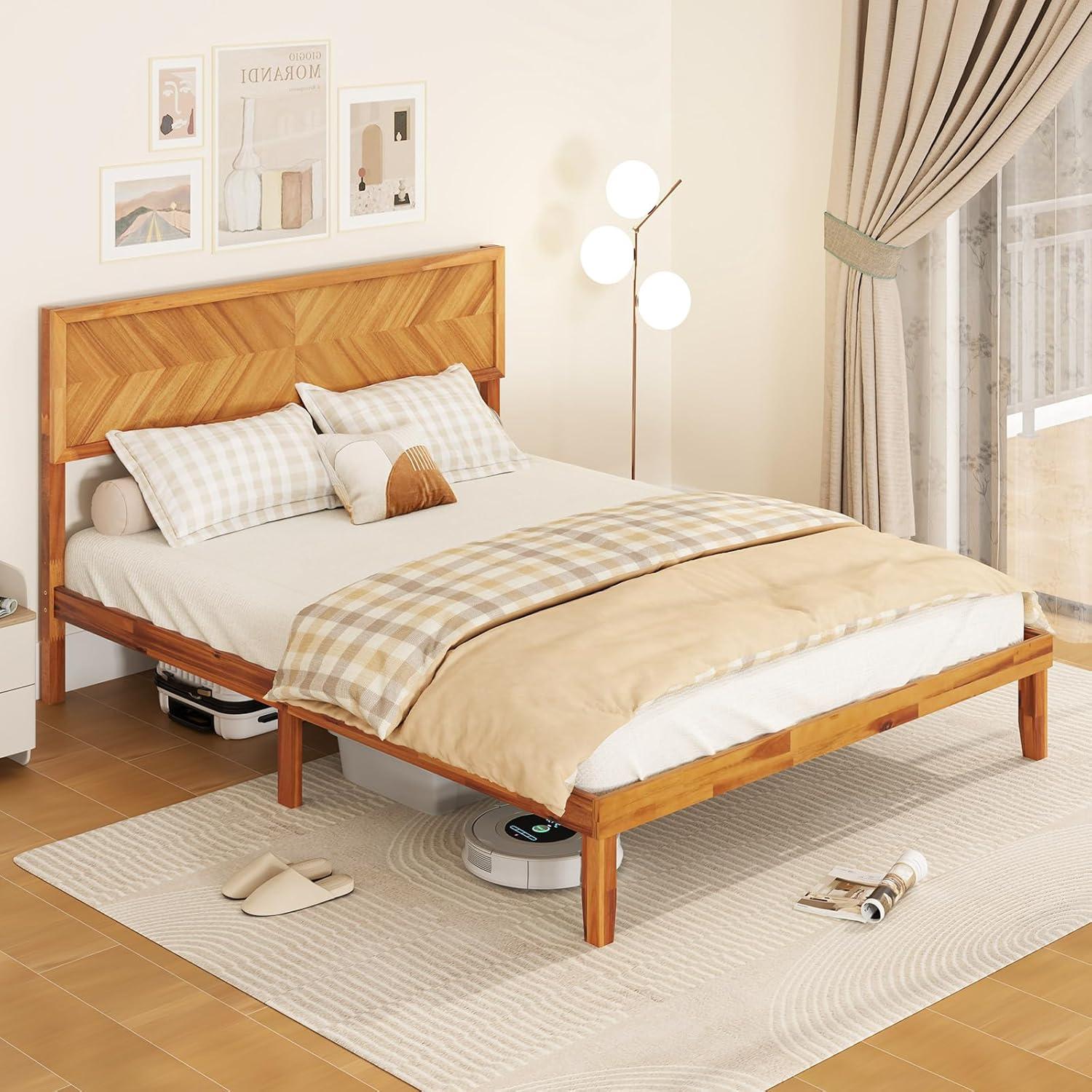 image:imageGiantex Wood Full Size Bed Frame with Headboard Mid Century Modern Platform Bed Full with Solid Wood Legs amp Wooden Slat Support Easy Assembly No Box Spring Needed WalnutRustic Brown