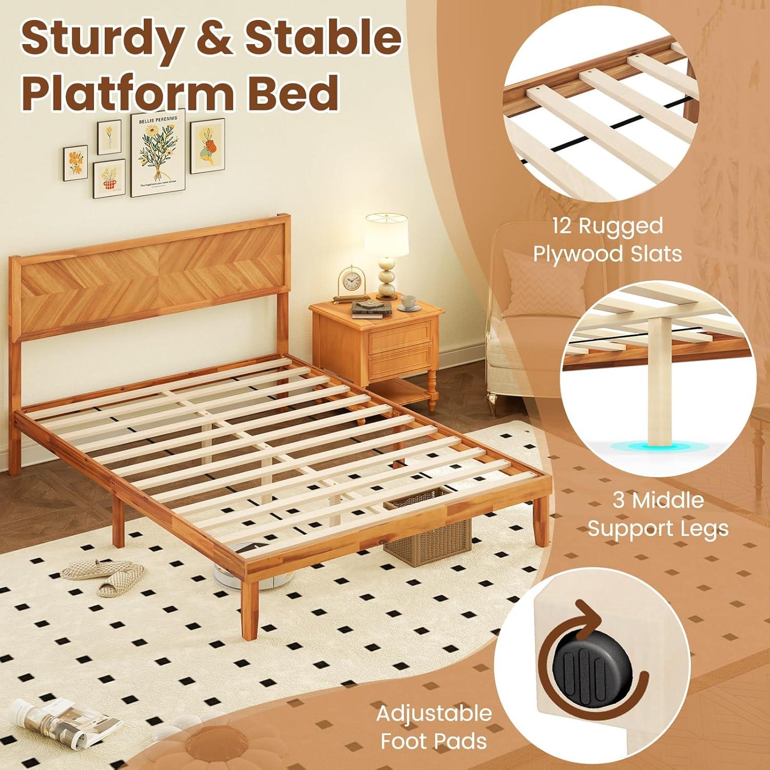 image:imageGiantex Wood Full Size Bed Frame with Headboard Mid Century Modern Platform Bed Full with Solid Wood Legs amp Wooden Slat Support Easy Assembly No Box Spring Needed WalnutRustic Brown