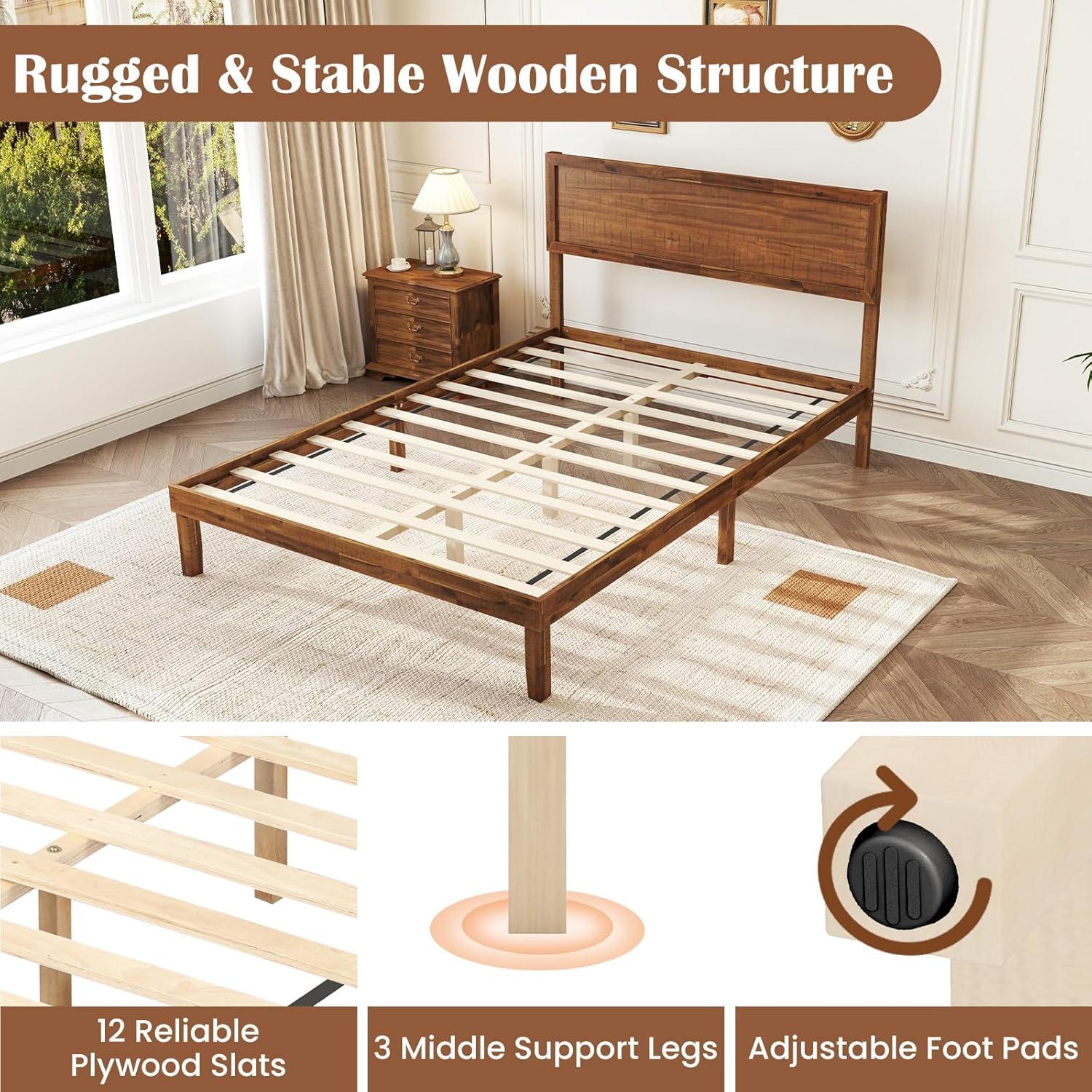 image:imageGiantex Wood Full Size Bed Frame with Headboard Mid Century Modern Platform Bed Full with Solid Wood Legs amp Wooden Slat Support Easy Assembly No Box Spring Needed WalnutWalnut