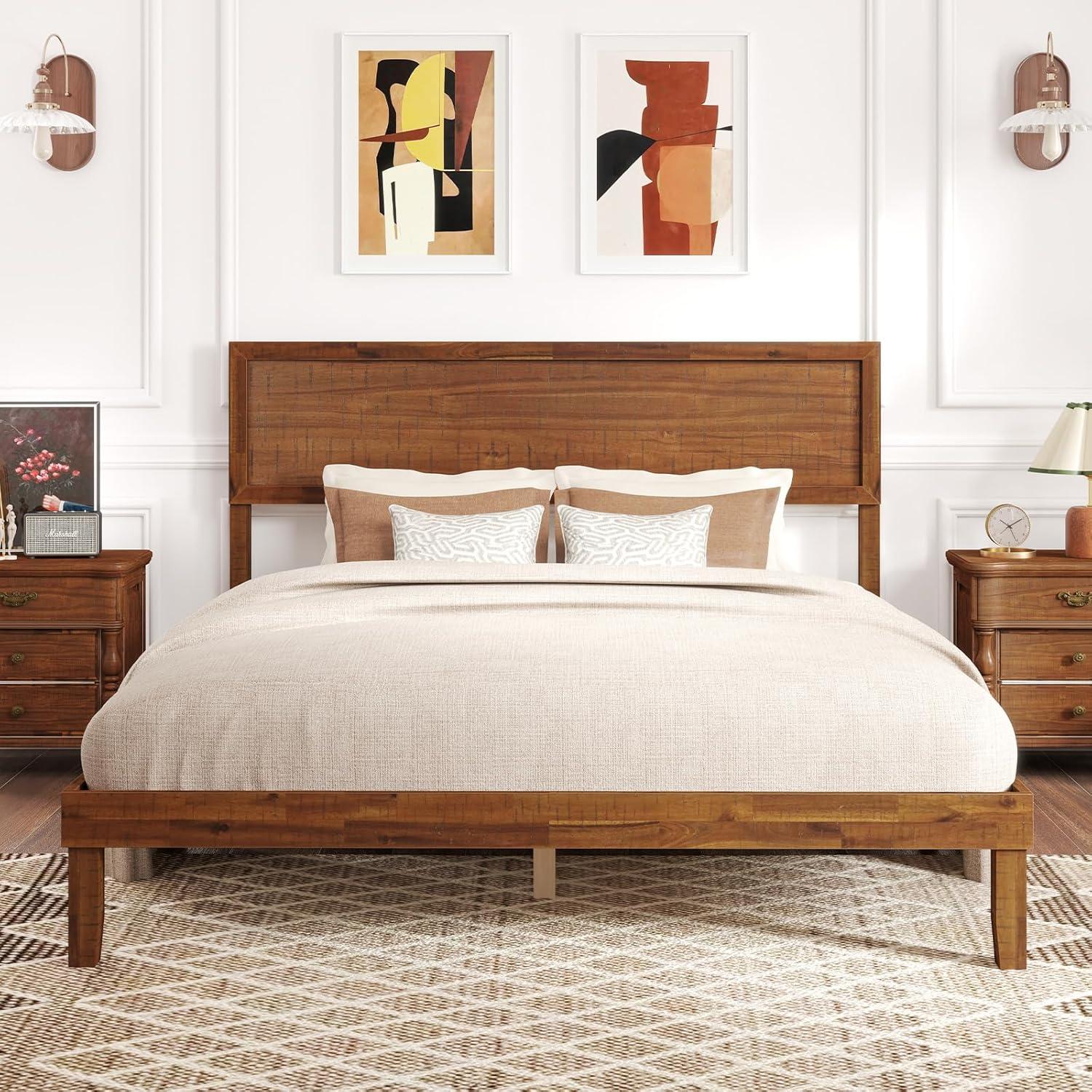 image:imageGiantex Wood Full Size Bed Frame with Headboard Mid Century Modern Platform Bed Full with Solid Wood Legs amp Wooden Slat Support Easy Assembly No Box Spring Needed WalnutWalnut