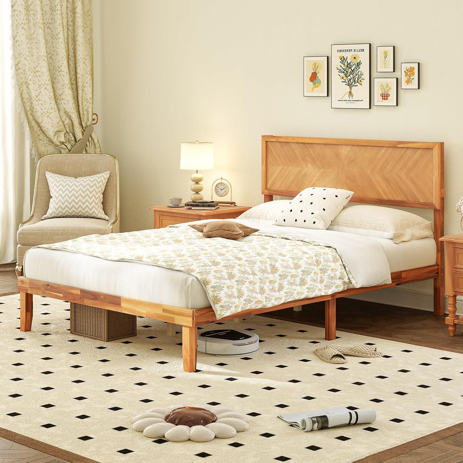 image:imageGiantex Wood Full Size Bed Frame with Headboard Mid Century Modern Platform Bed Full with Solid Wood Legs amp Wooden Slat Support Easy Assembly No Box Spring Needed WalnutRustic Brown