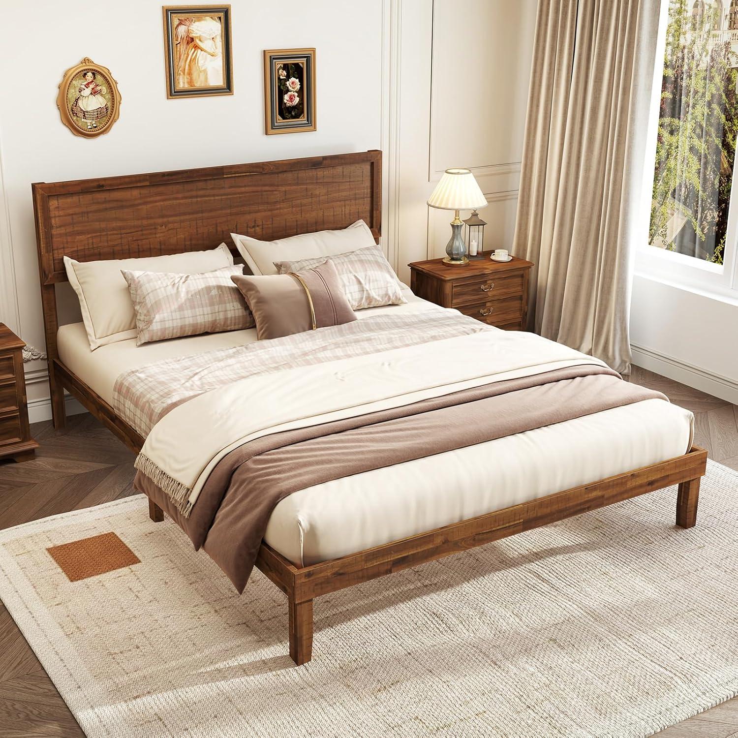 image:imageGiantex Wood Full Size Bed Frame with Headboard Mid Century Modern Platform Bed Full with Solid Wood Legs amp Wooden Slat Support Easy Assembly No Box Spring Needed WalnutWalnut