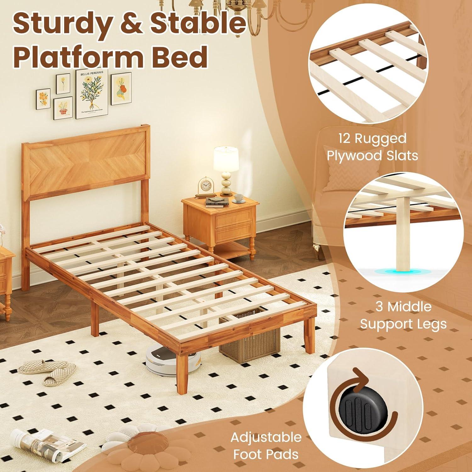 image:imageGiantex Wood Full Size Bed Frame with Headboard Mid Century Modern Platform Bed Full with Solid Wood Legs amp Wooden Slat Support Easy Assembly No Box Spring Needed WalnutRustic Brown