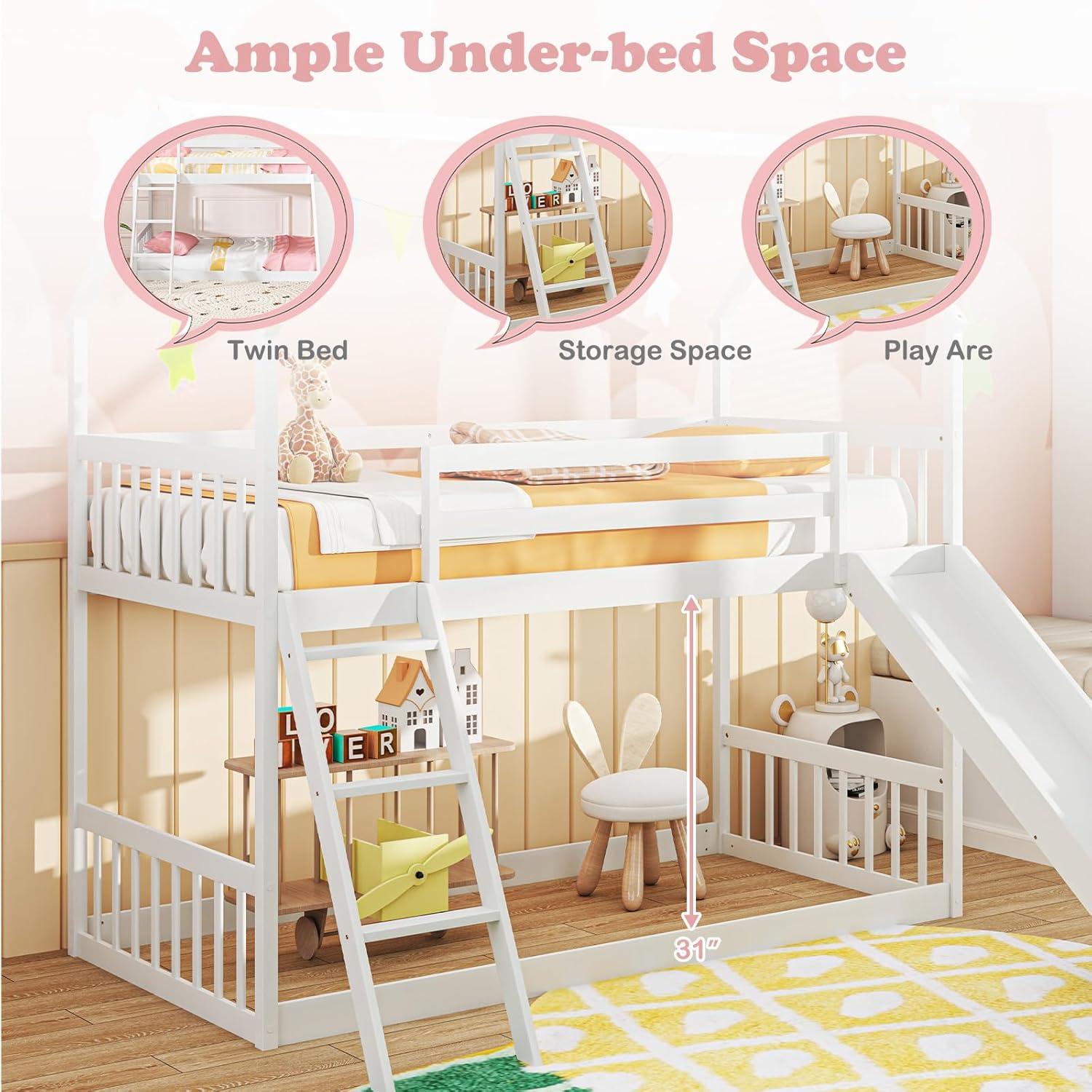 image:imageGiantex Wood Kids Bunk Bed with Slide amp Ladder Twin Over Twin House Bed with FullLength Guardrails Montessori Floor Bunk Bed Frame for Kids Teens Girls Boys No Box Spring Needed White