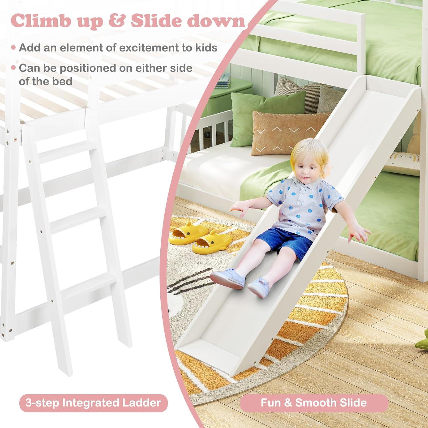 image:imageGiantex Wood Kids Bunk Bed with Slide amp Ladder Twin Over Twin House Bed with FullLength Guardrails Montessori Floor Bunk Bed Frame for Kids Teens Girls Boys No Box Spring Needed White