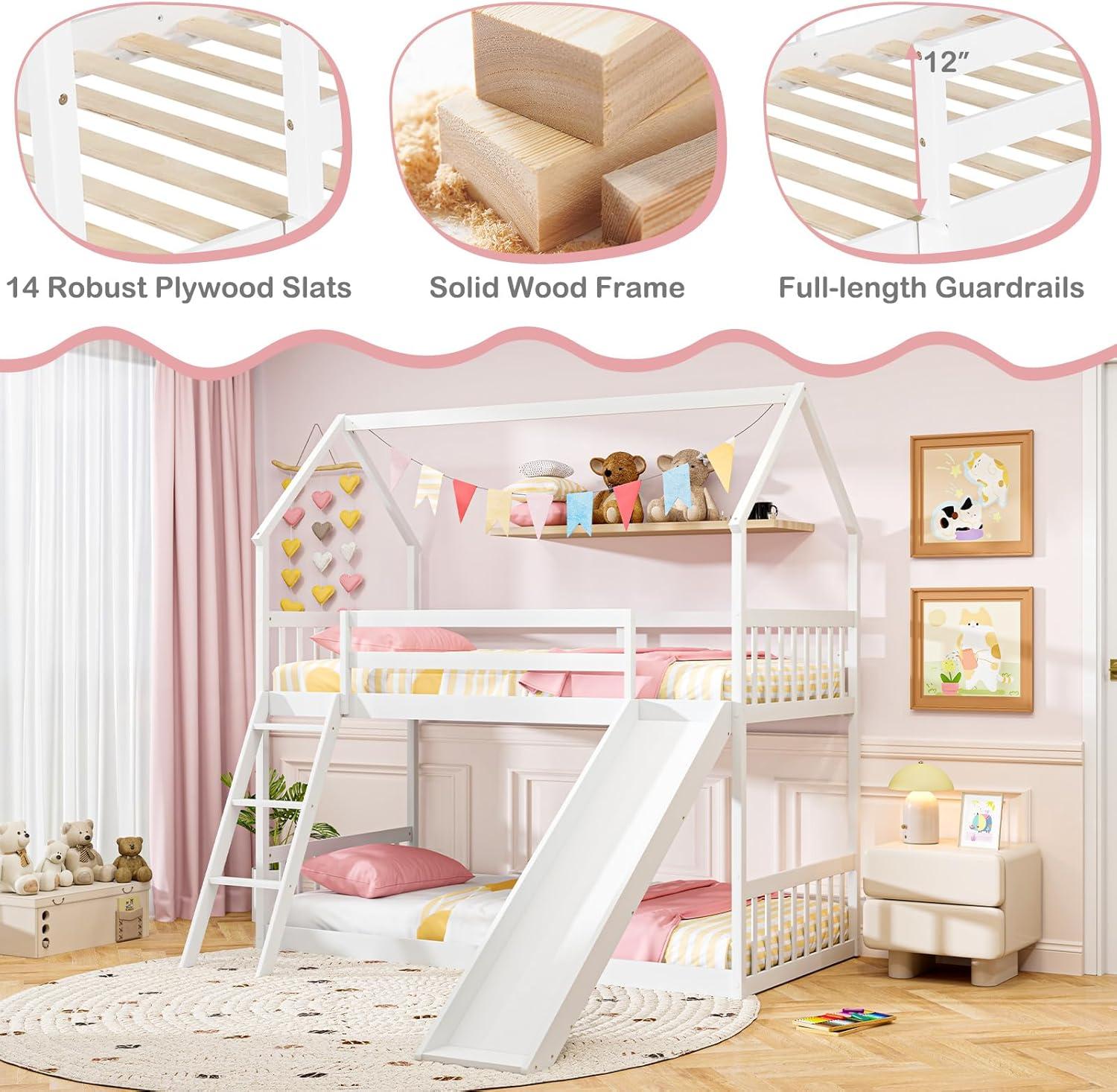image:imageGiantex Wood Kids Bunk Bed with Slide amp Ladder Twin Over Twin House Bed with FullLength Guardrails Montessori Floor Bunk Bed Frame for Kids Teens Girls Boys No Box Spring Needed White