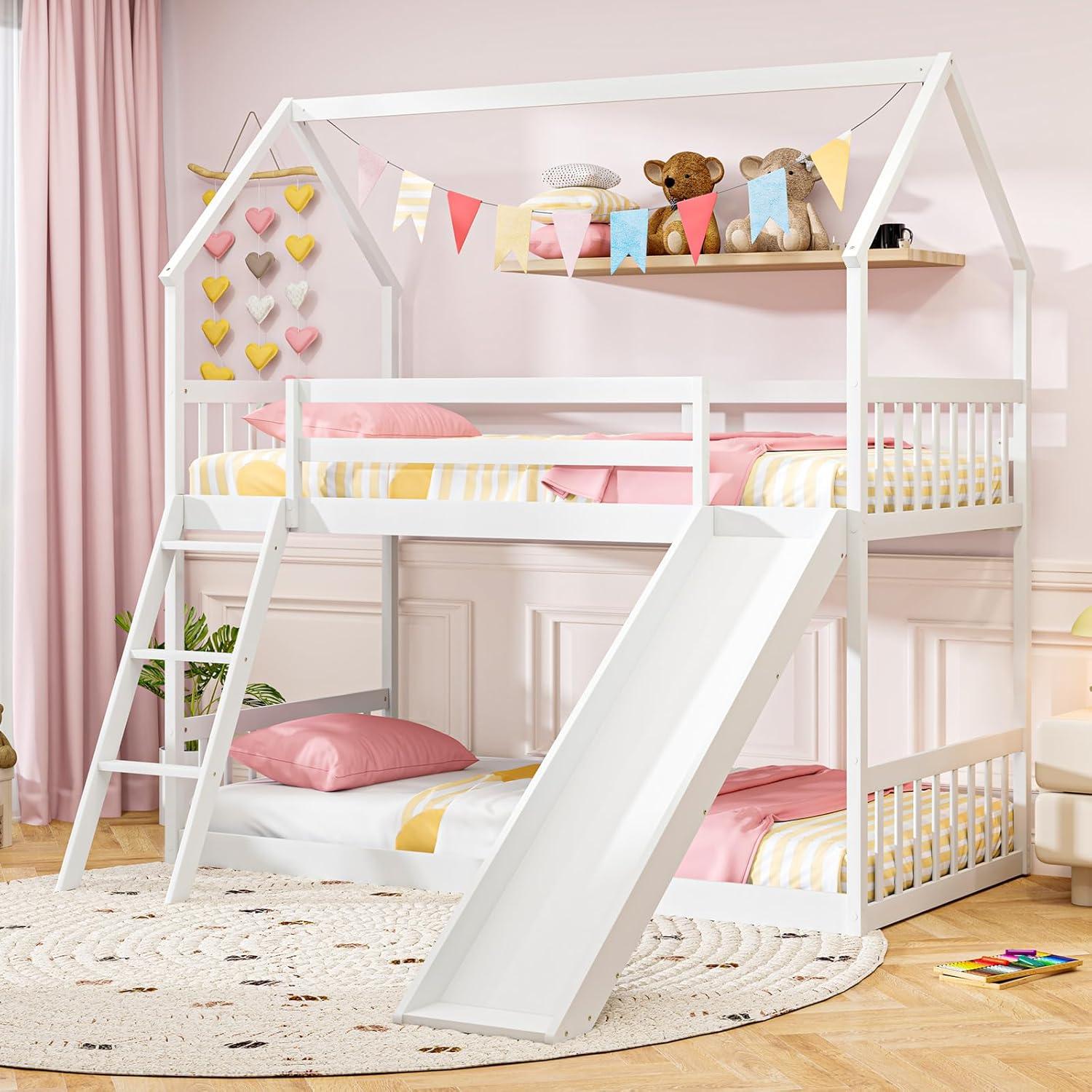 image:imageGiantex Wood Kids Bunk Bed with Slide amp Ladder Twin Over Twin House Bed with FullLength Guardrails Montessori Floor Bunk Bed Frame for Kids Teens Girls Boys No Box Spring Needed White
