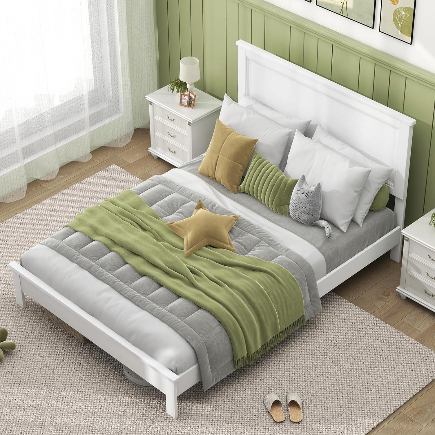image:imageGiantex Wood Queen Platform Bed Frame with Headboard Mid Century Bed Frame with Solid Wood Legs amp Wooden Slat Support No Box Spring Needed Walnut BedWhite