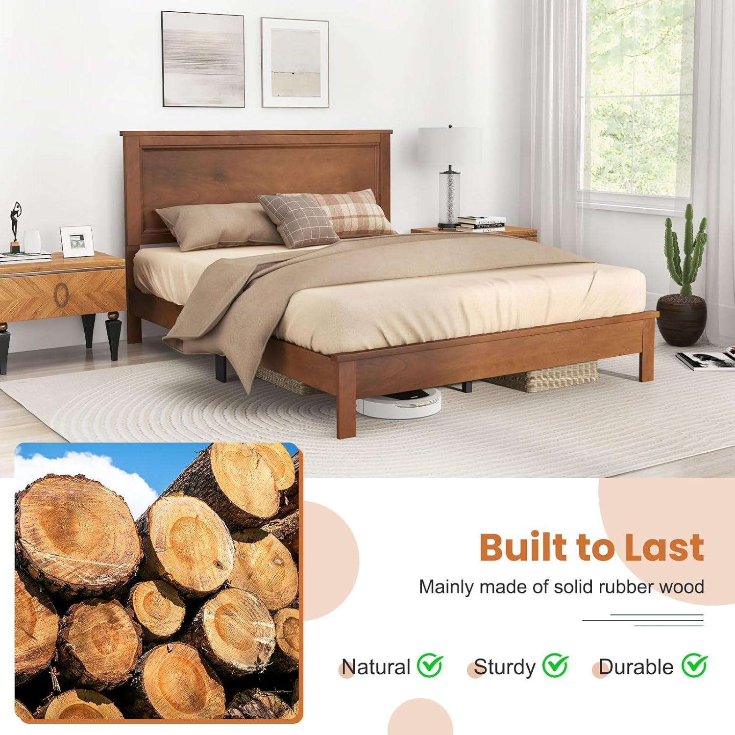 image:imageGiantex Wood Queen Platform Bed Frame with Headboard Mid Century Bed Frame with Solid Wood Legs amp Wooden Slat Support No Box Spring Needed Walnut BedWalnut