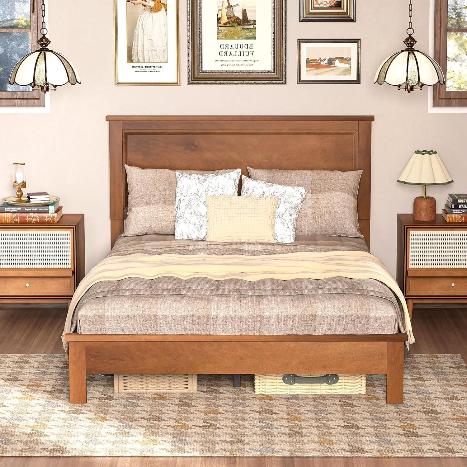 image:imageGiantex Wood Queen Platform Bed Frame with Headboard Mid Century Bed Frame with Solid Wood Legs amp Wooden Slat Support No Box Spring Needed Walnut BedWalnut