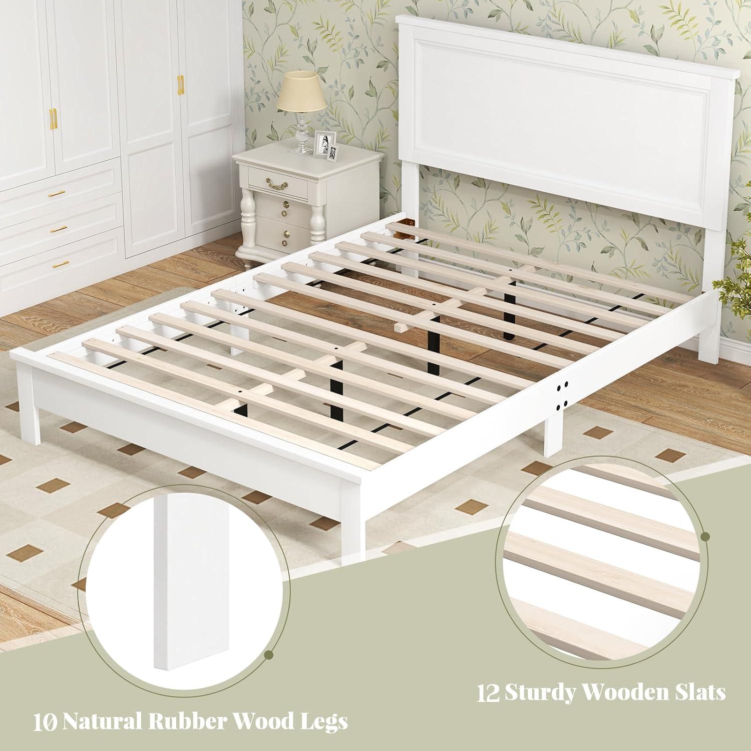 image:imageGiantex Wood Queen Platform Bed Frame with Headboard Mid Century Bed Frame with Solid Wood Legs amp Wooden Slat Support No Box Spring Needed Walnut BedWhite