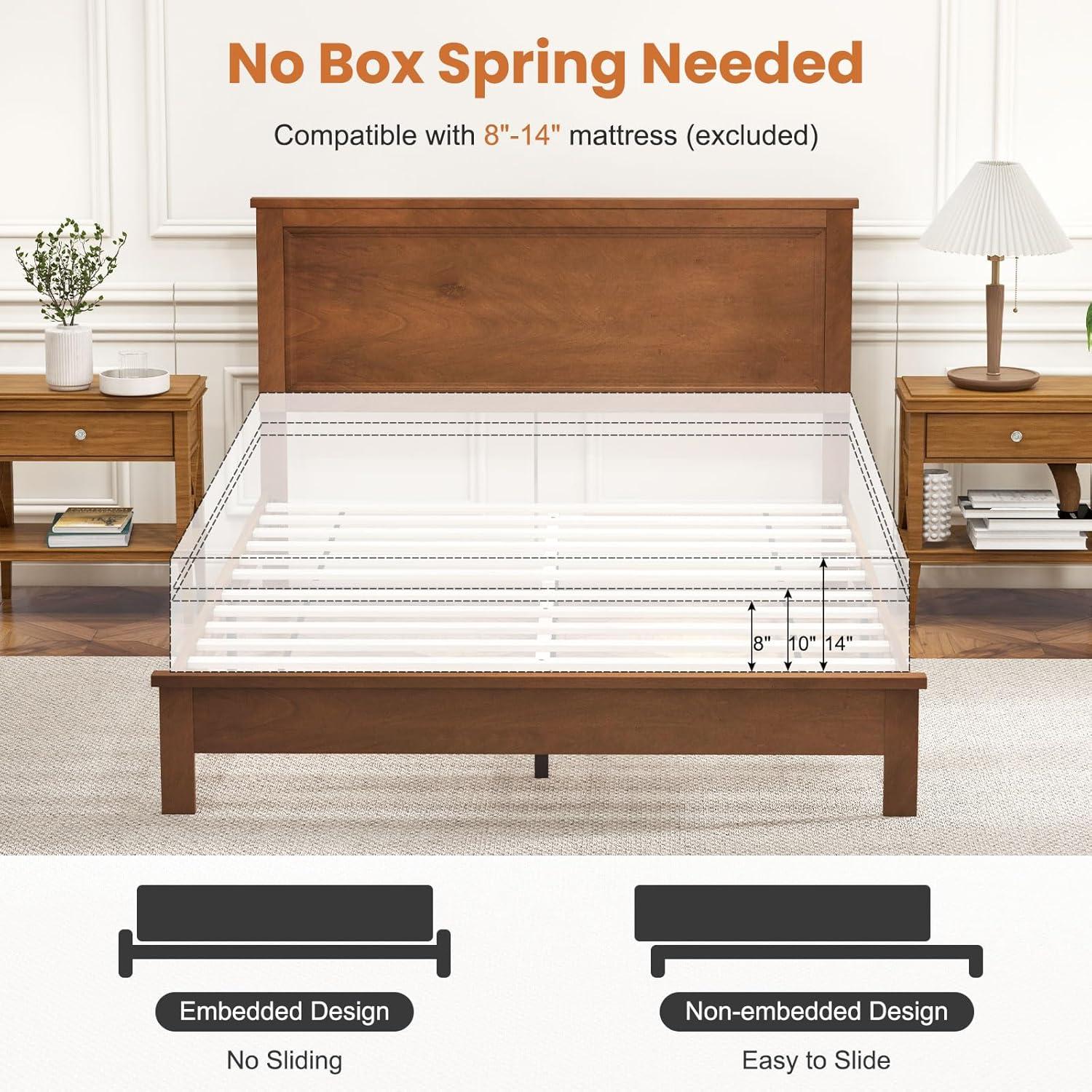 image:imageGiantex Wood Queen Platform Bed Frame with Headboard Mid Century Bed Frame with Solid Wood Legs amp Wooden Slat Support No Box Spring Needed Walnut BedWalnut