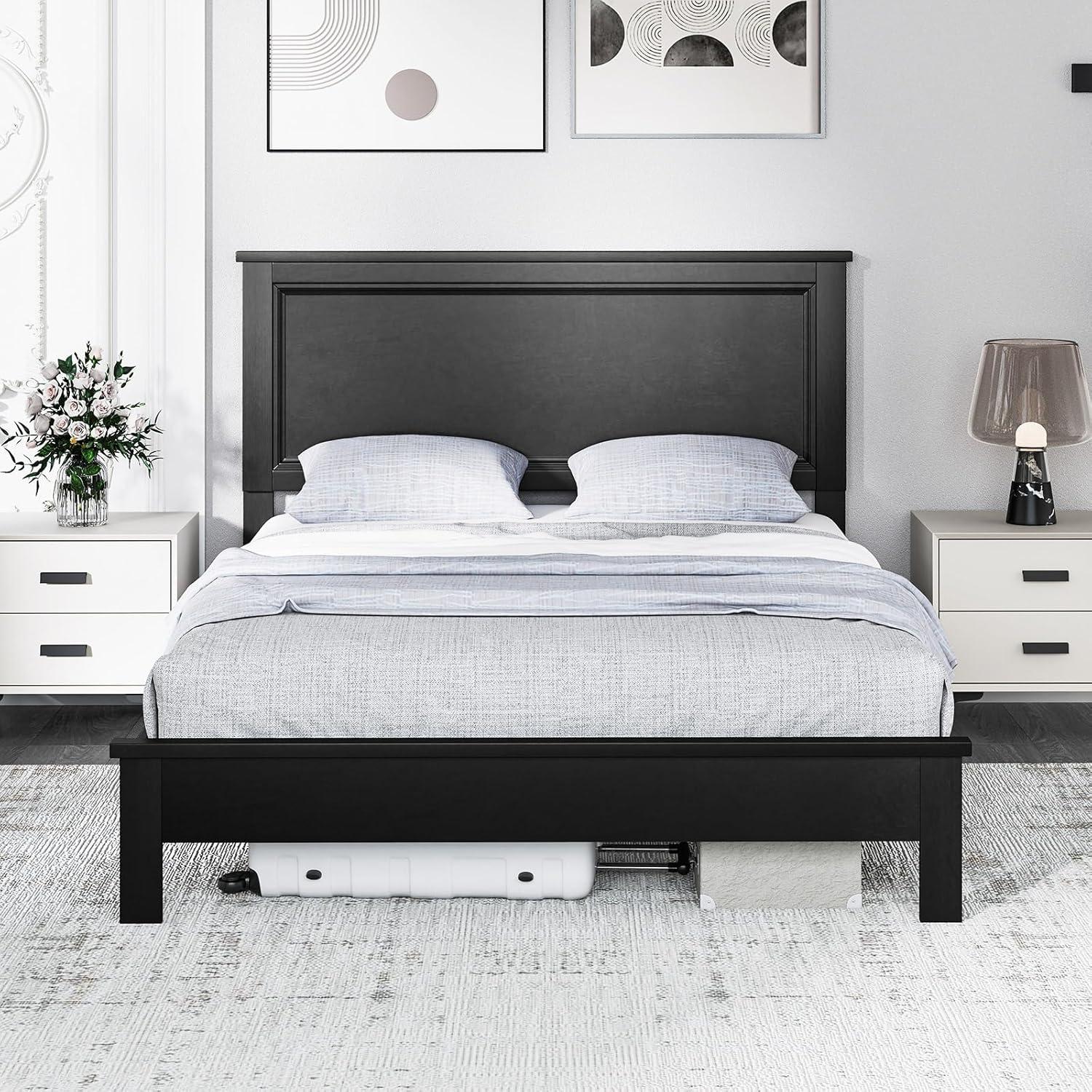 image:imageGiantex Wood Queen Platform Bed Frame with Headboard Mid Century Bed Frame with Solid Wood Legs amp Wooden Slat Support No Box Spring Needed Walnut BedBlack