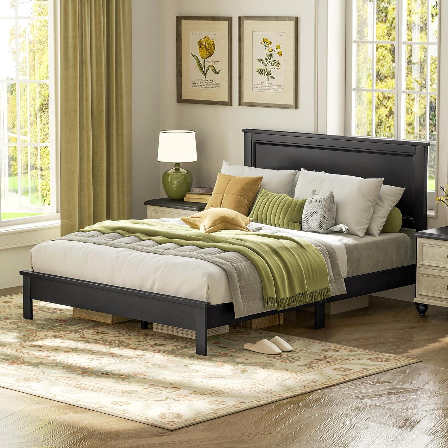 image:imageGiantex Wood Queen Platform Bed Frame with Headboard Mid Century Bed Frame with Solid Wood Legs amp Wooden Slat Support No Box Spring Needed Walnut BedBlack