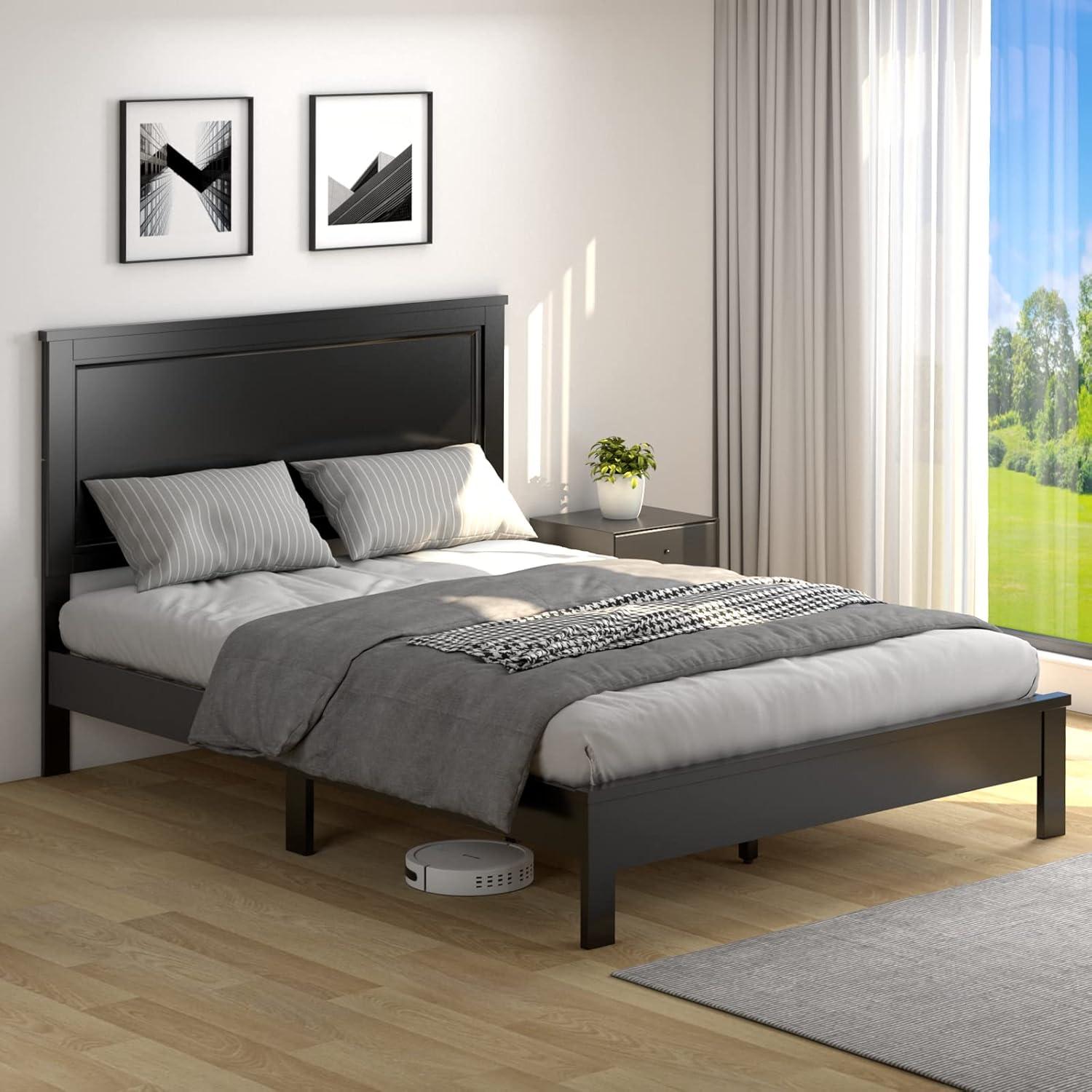 image:imageGiantex Wood Queen Platform Bed Frame with Headboard Mid Century Bed Frame with Solid Wood Legs amp Wooden Slat Support No Box Spring Needed Walnut BedBlack