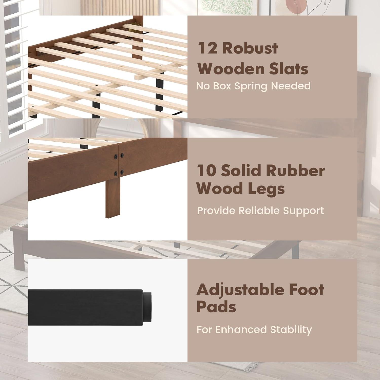 image:imageGiantex Wood Queen Platform Bed Frame with Headboard Mid Century Bed Frame with Solid Wood Legs amp Wooden Slat Support No Box Spring Needed Walnut BedWalnut