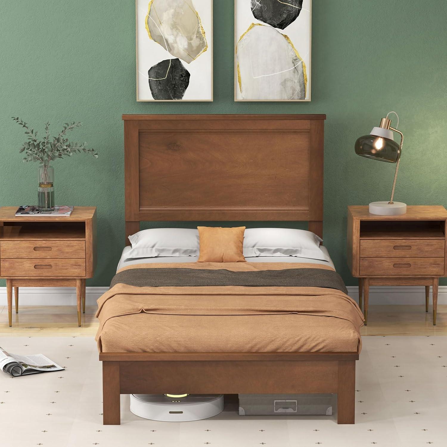 image:imageGiantex Wood Queen Platform Bed Frame with Headboard Mid Century Bed Frame with Solid Wood Legs amp Wooden Slat Support No Box Spring Needed Walnut BedWalnut