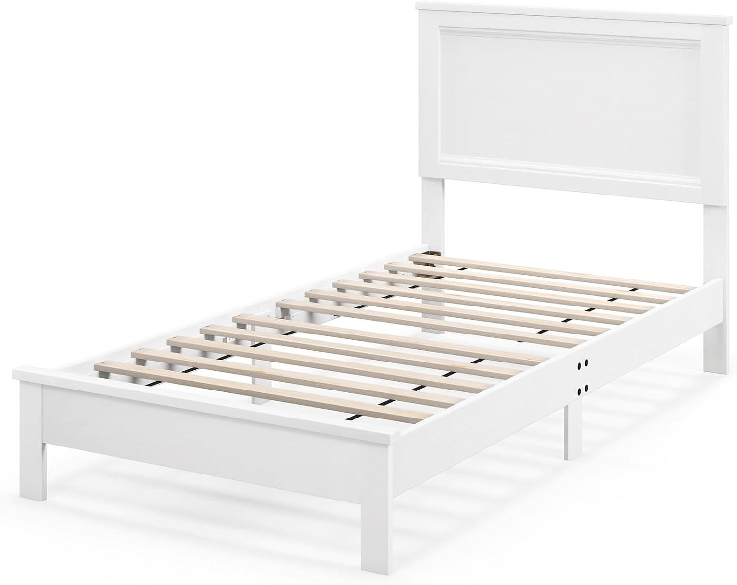 image:imageGiantex Wood Queen Platform Bed Frame with Headboard Mid Century Bed Frame with Solid Wood Legs amp Wooden Slat Support No Box Spring Needed Walnut BedWhite