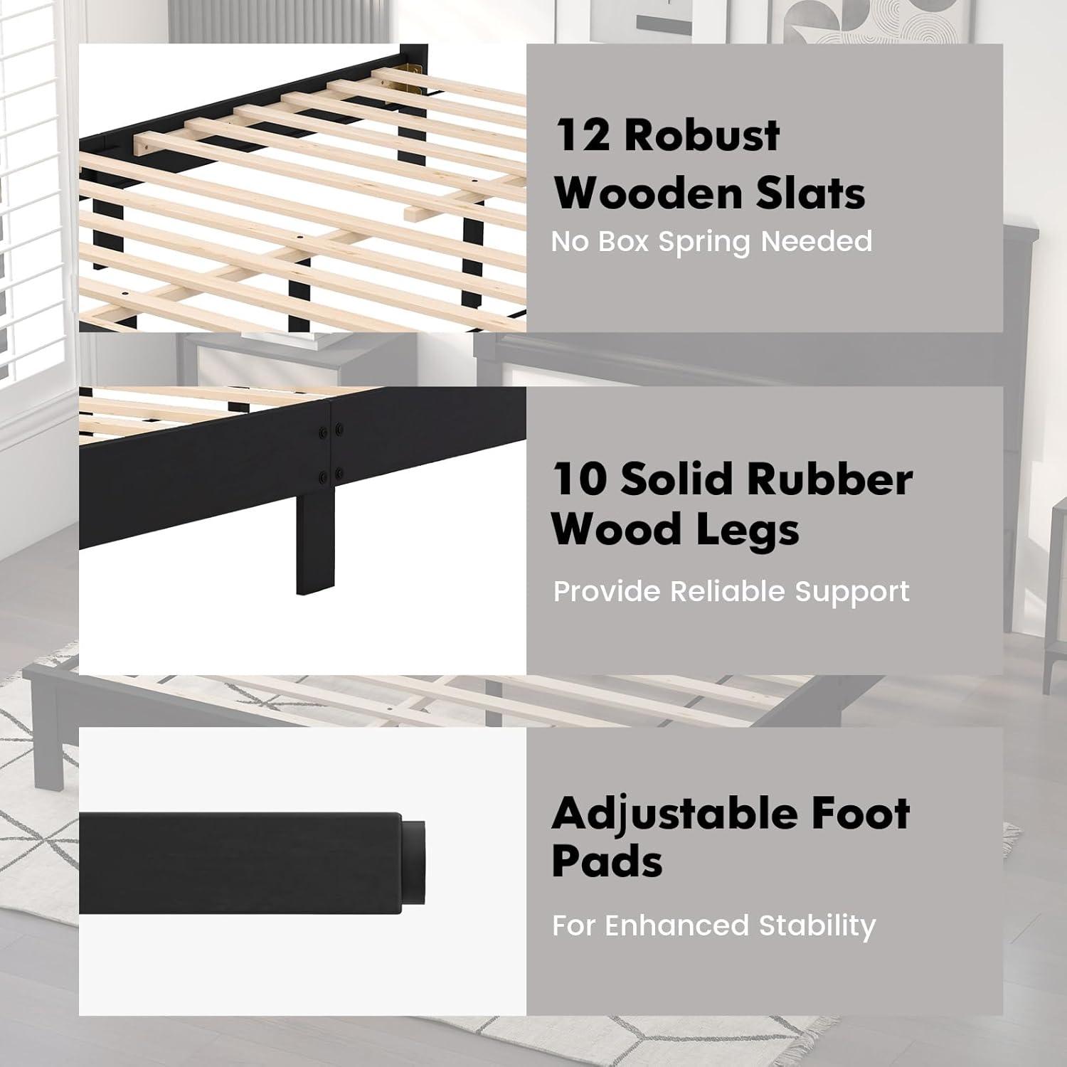 image:imageGiantex Wood Queen Platform Bed Frame with Headboard Mid Century Bed Frame with Solid Wood Legs amp Wooden Slat Support No Box Spring Needed Walnut BedBlack