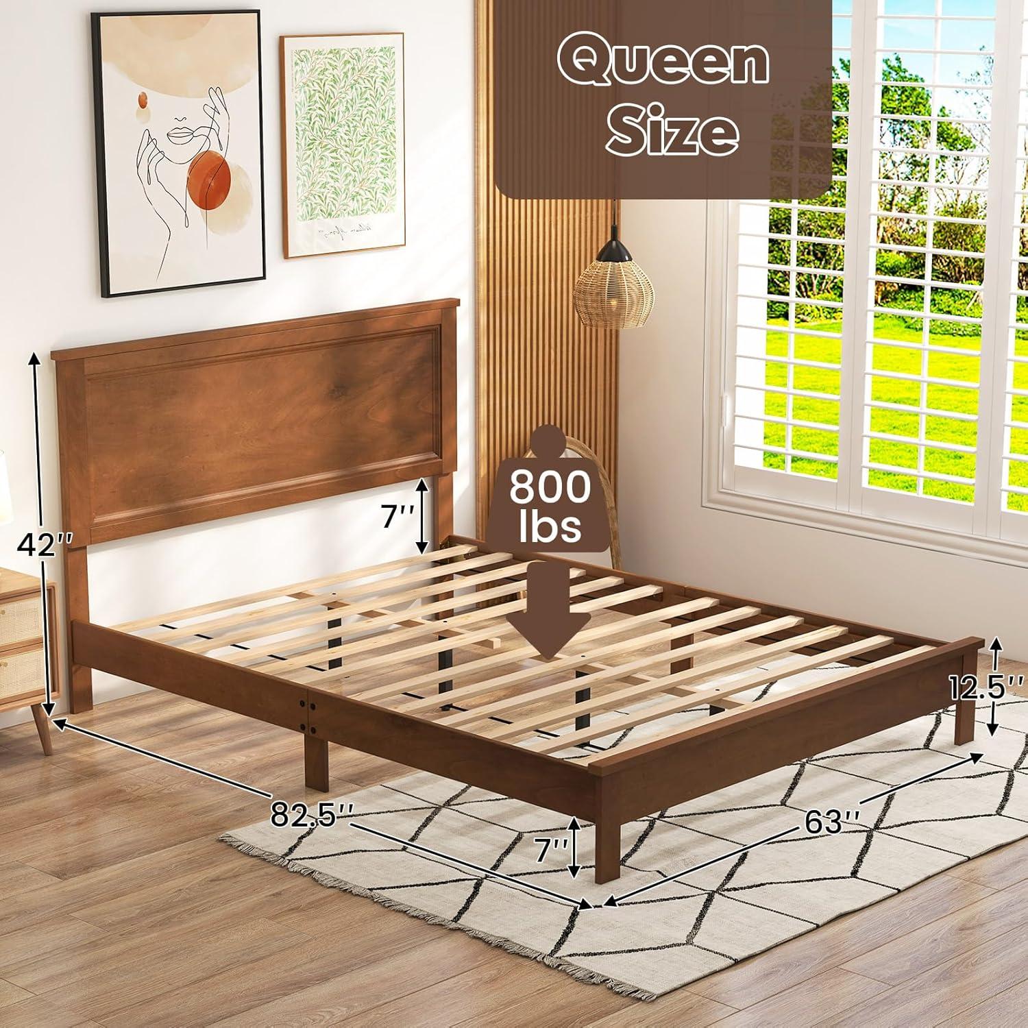 image:imageGiantex Wood Queen Platform Bed Frame with Headboard Mid Century Bed Frame with Solid Wood Legs amp Wooden Slat Support No Box Spring Needed Walnut BedWalnut