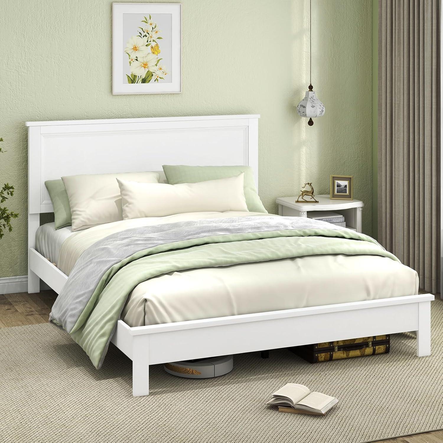 image:imageGiantex Wood Queen Platform Bed Frame with Headboard Mid Century Bed Frame with Solid Wood Legs amp Wooden Slat Support No Box Spring Needed Walnut BedWhite