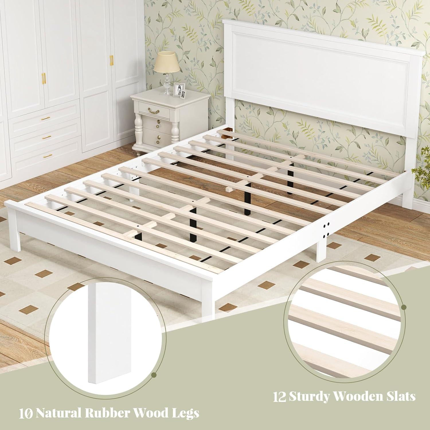 image:imageGiantex Wood Queen Platform Bed Frame with Headboard Mid Century Bed Frame with Solid Wood Legs amp Wooden Slat Support No Box Spring Needed Walnut BedWhite