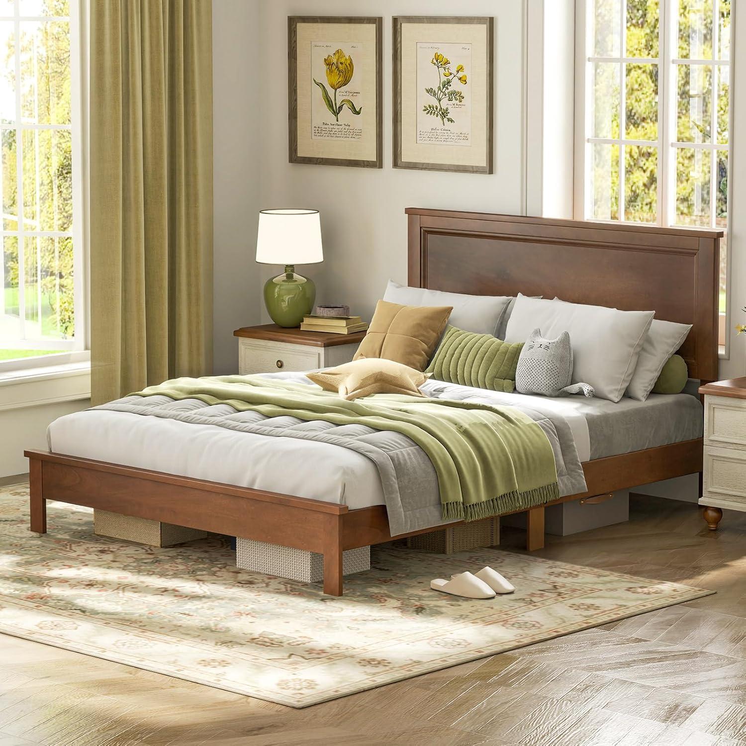 image:imageGiantex Wood Queen Platform Bed Frame with Headboard Mid Century Bed Frame with Solid Wood Legs amp Wooden Slat Support No Box Spring Needed Walnut BedWalnut