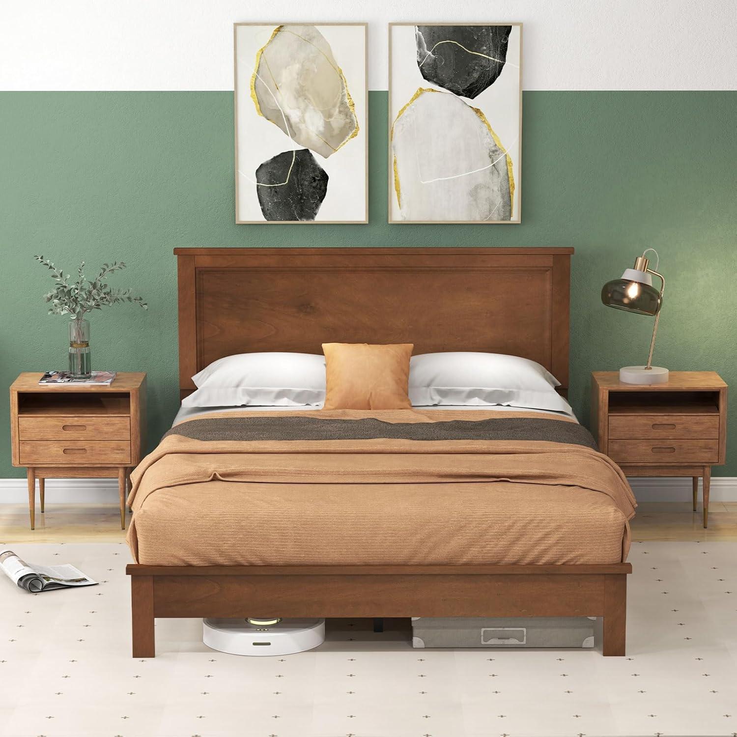 image:imageGiantex Wood Queen Platform Bed Frame with Headboard Mid Century Bed Frame with Solid Wood Legs amp Wooden Slat Support No Box Spring Needed Walnut BedWalnut