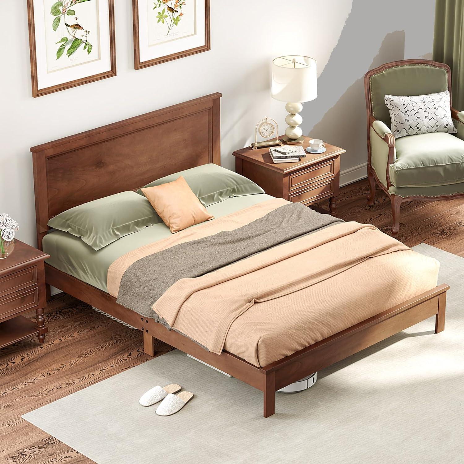 image:imageGiantex Wood Queen Platform Bed Frame with Headboard Mid Century Bed Frame with Solid Wood Legs amp Wooden Slat Support No Box Spring Needed Walnut BedWalnut