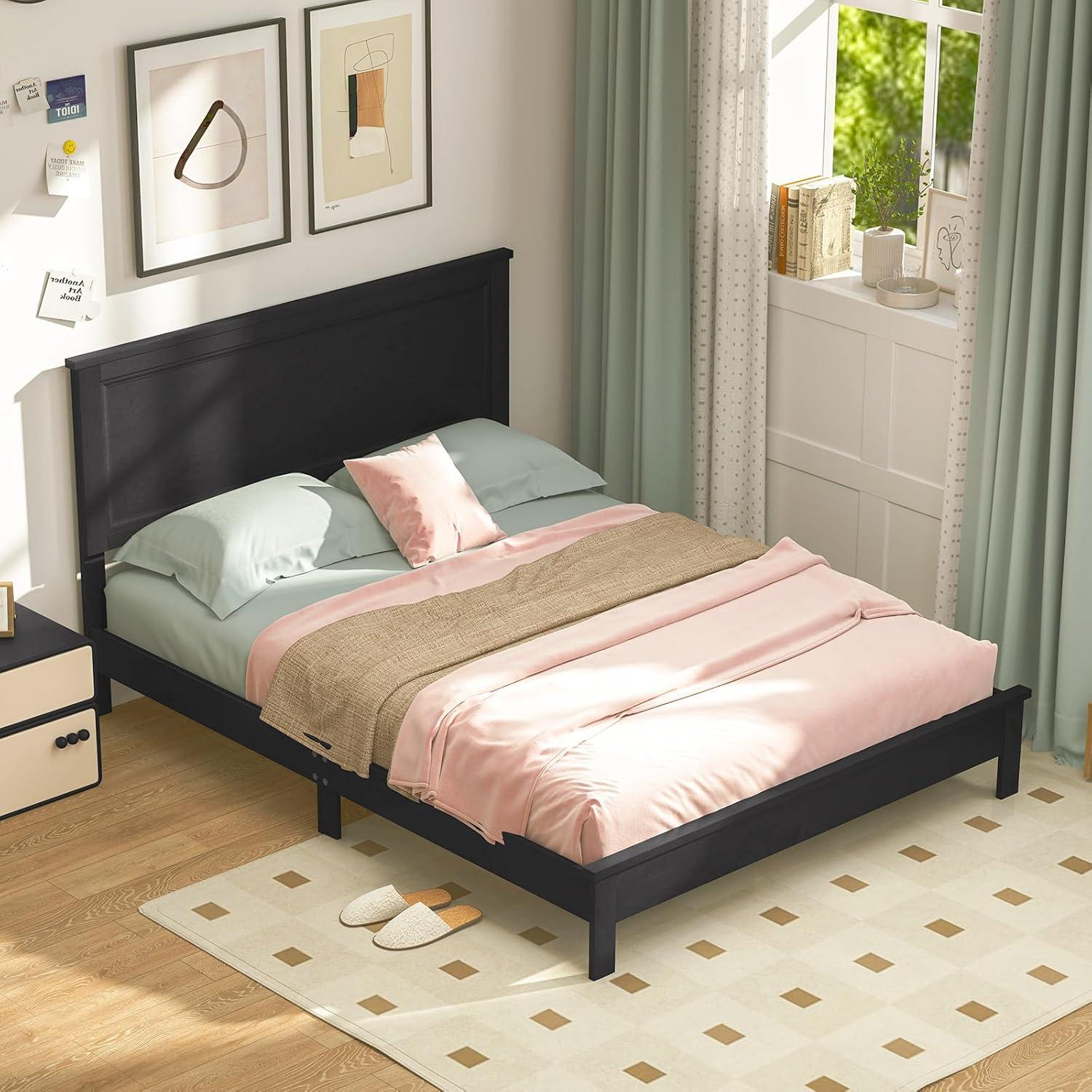 image:imageGiantex Wood Queen Platform Bed Frame with Headboard Mid Century Bed Frame with Solid Wood Legs amp Wooden Slat Support No Box Spring Needed Walnut BedBlack